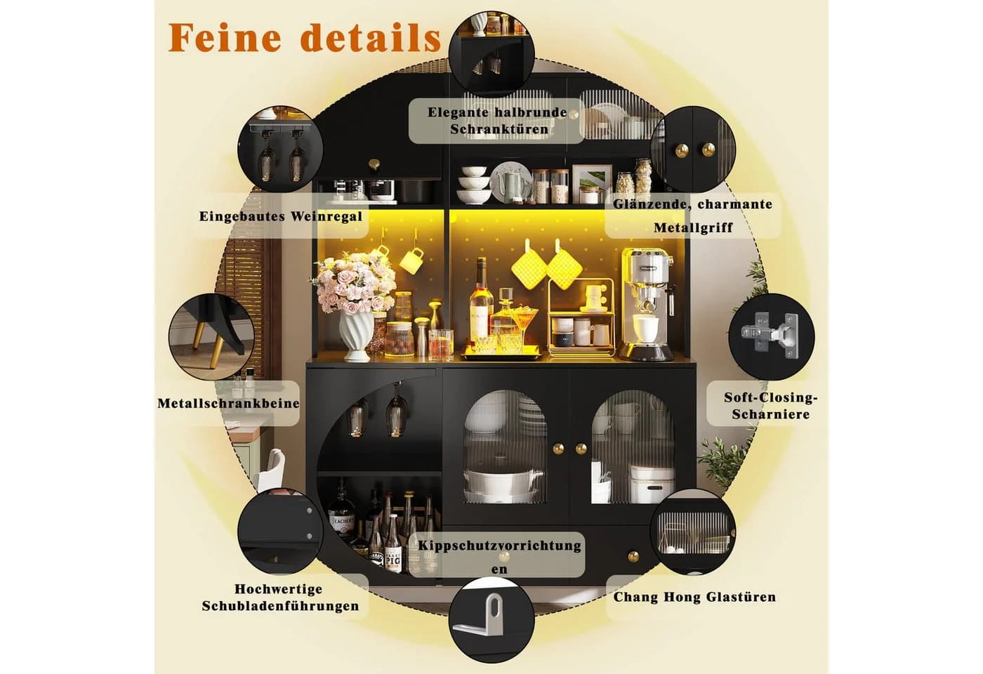 i@home Hochschrank Sideboard Schwarz mit LED, USB & Steckdosen - Bild 4