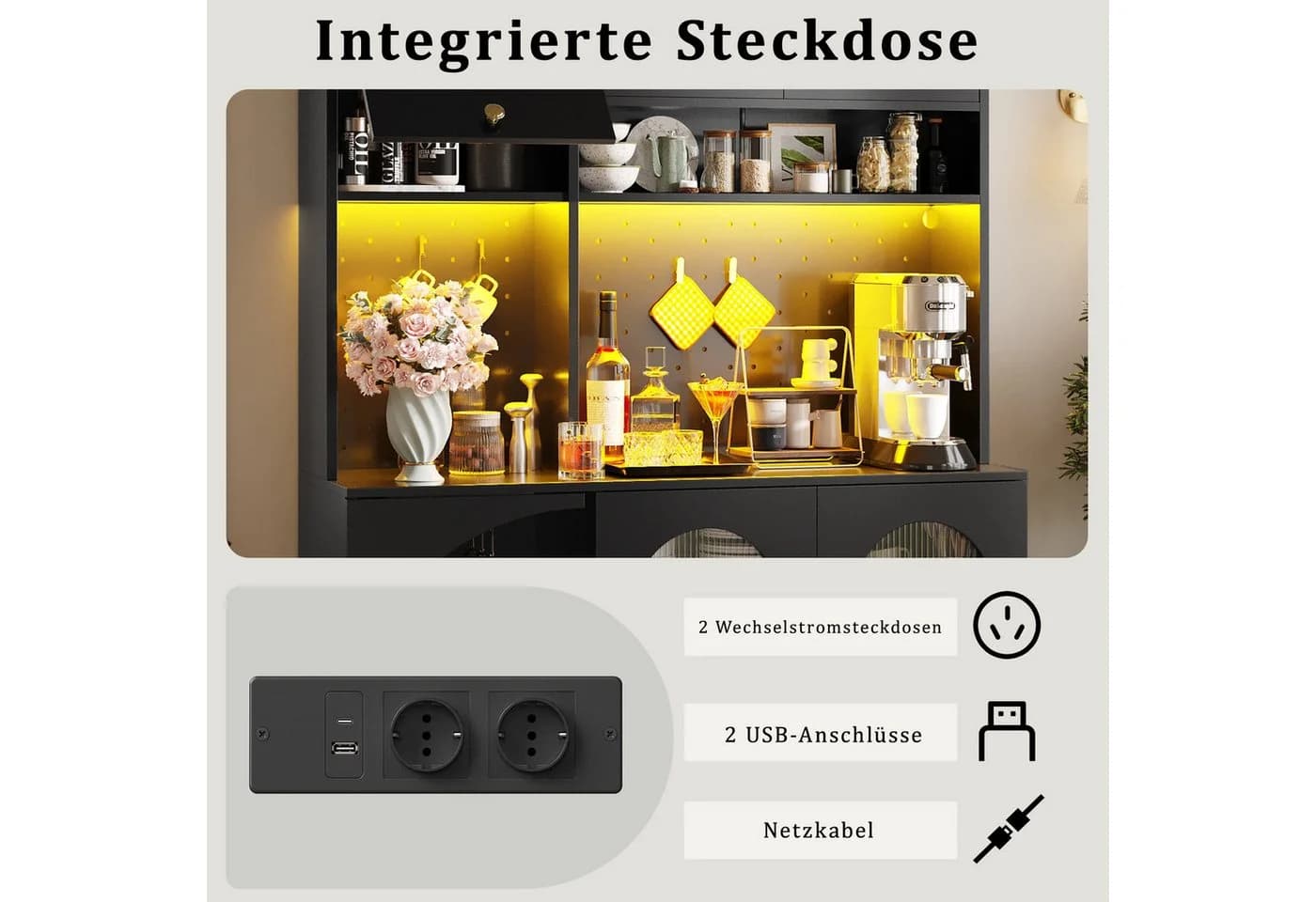 i@home Hochschrank Sideboard Schwarz mit LED, USB & Steckdosen - Bild 5
