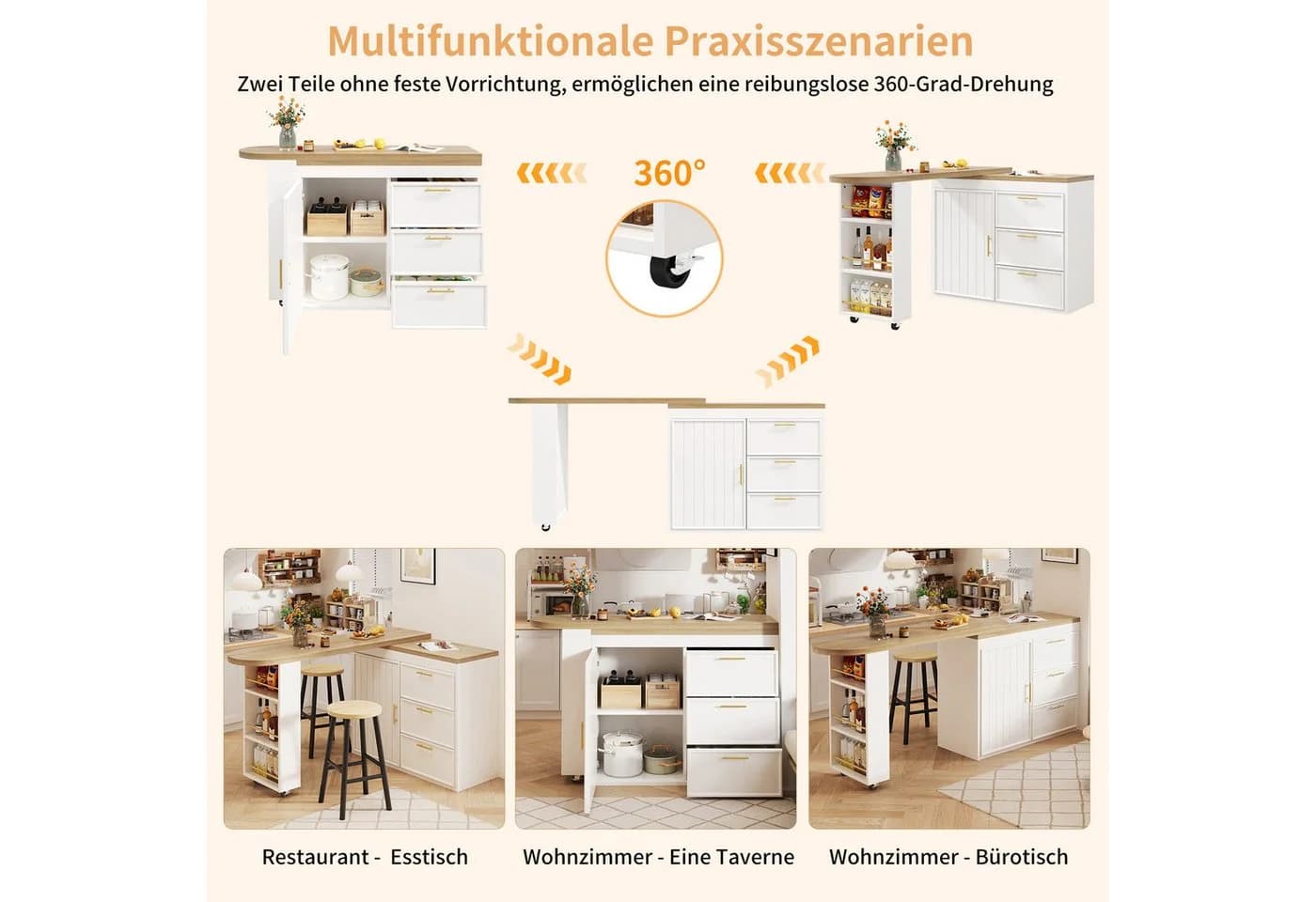 i@home Bartisch Küchenwagen 360° drehbar mit 3 Schubladen weiß - Bild 4