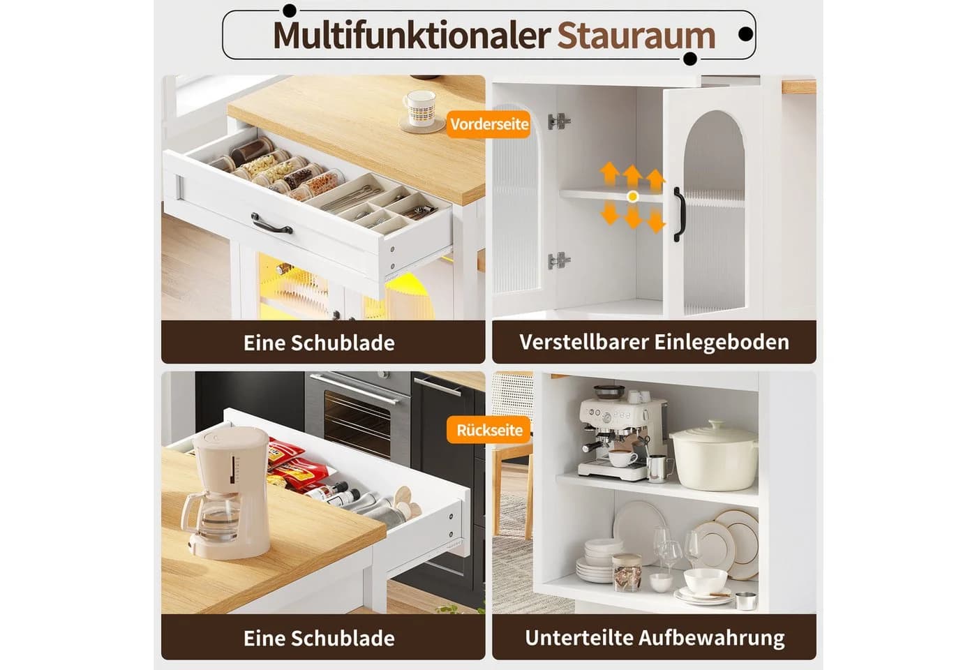 i@home Ausziehbare Kücheninsel mit LED-Beleuchtung und Schubladen Weiß - Bild 4