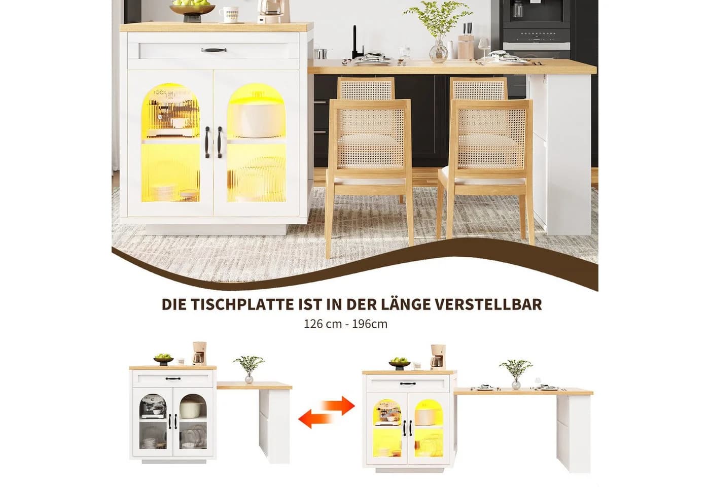 i@home Ausziehbare Kücheninsel mit LED-Beleuchtung und Schubladen Weiß - Bild 5