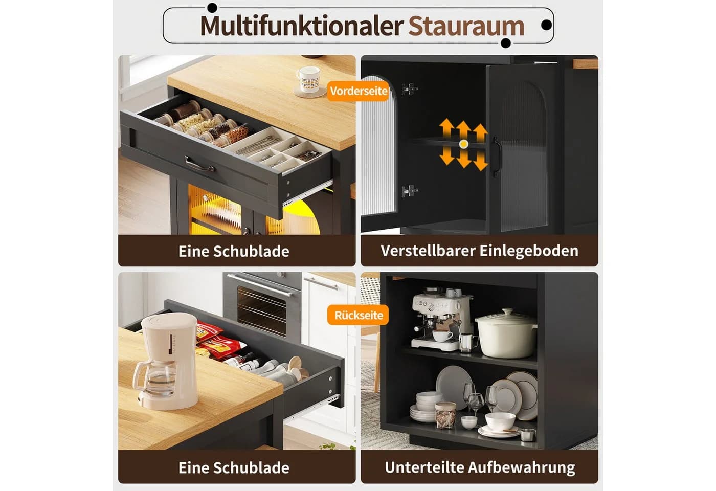 i@home Ausziehbare Kücheninsel mit LED-Beleuchtung und Schubladen Schwarz - Bild 4