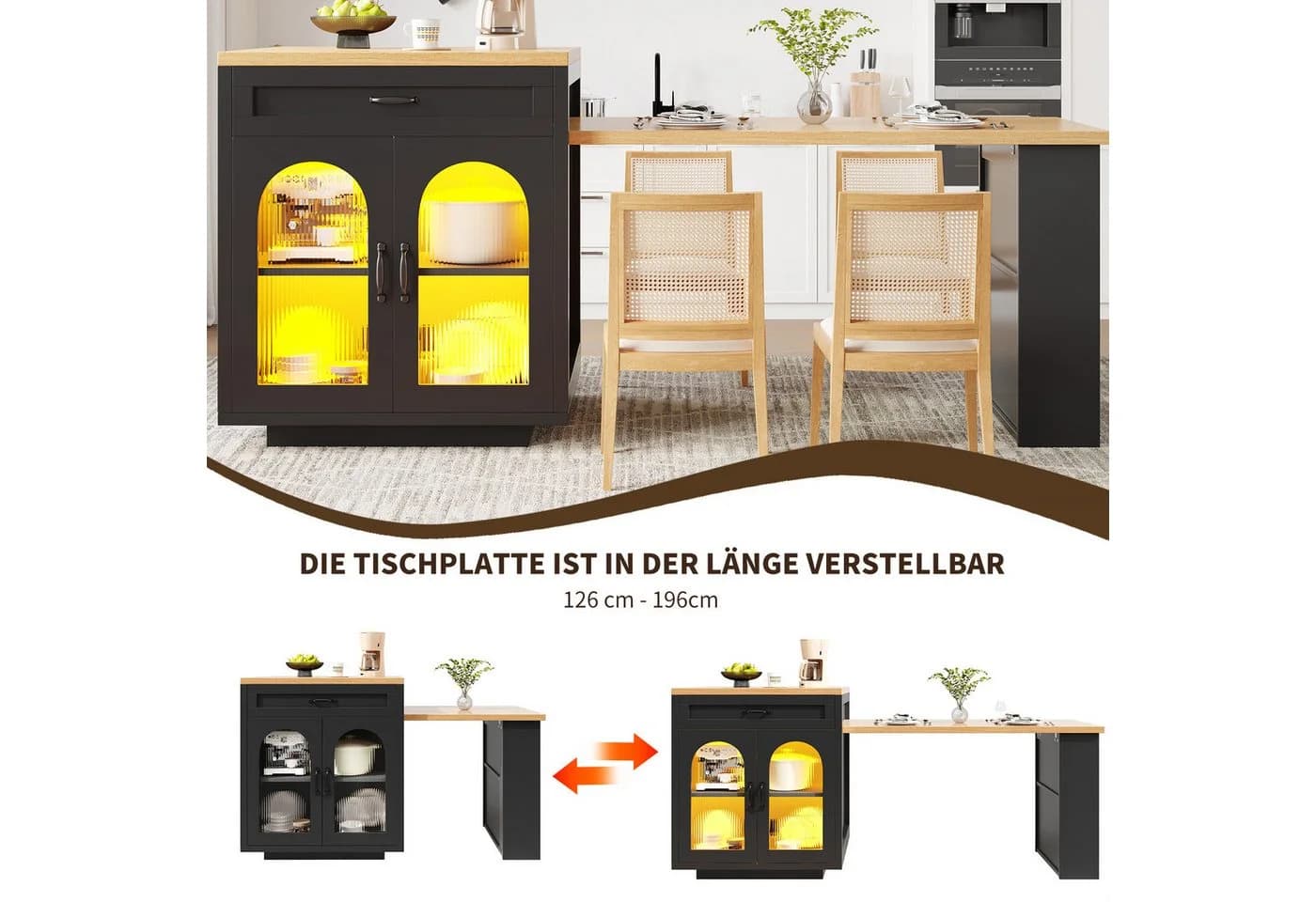 i@home Ausziehbare Kücheninsel mit LED-Beleuchtung und Schubladen Schwarz - Bild 5