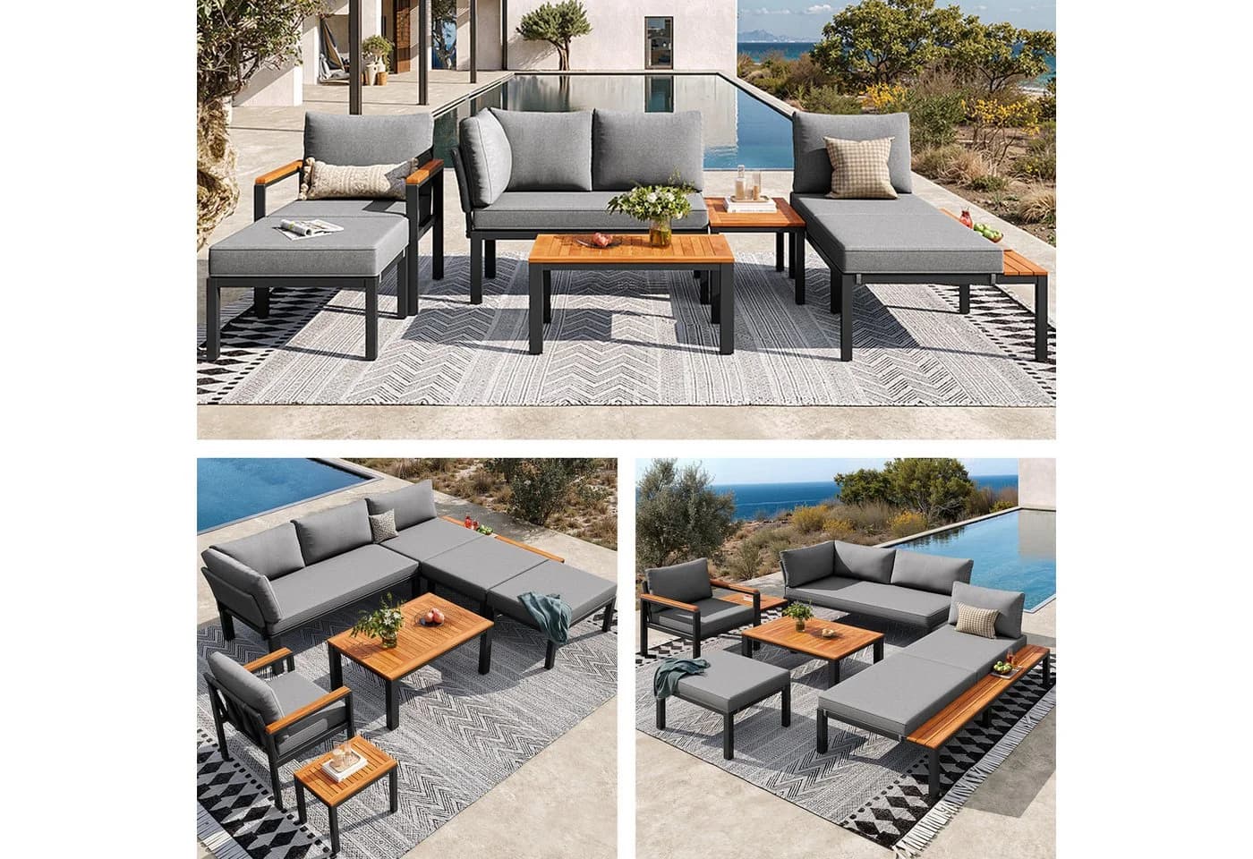 i@home Gartenlounge-Set 6-tlg. Grau Metall & Massivholz