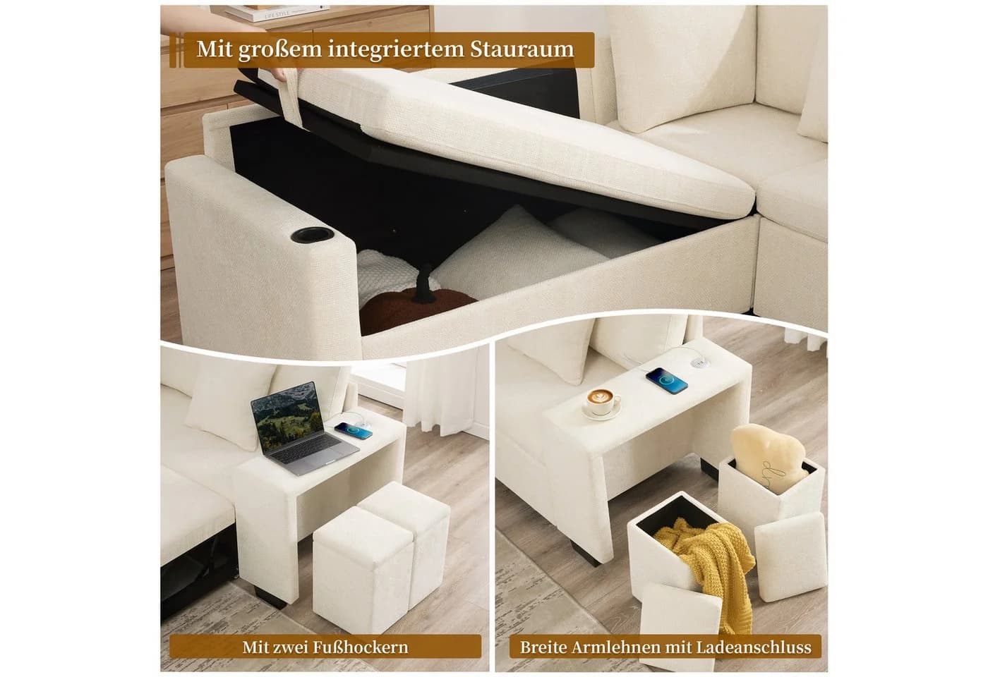 i@home Ecksofa L-förmig Beige mit Schlaffunktion & USB-Anschlüssen