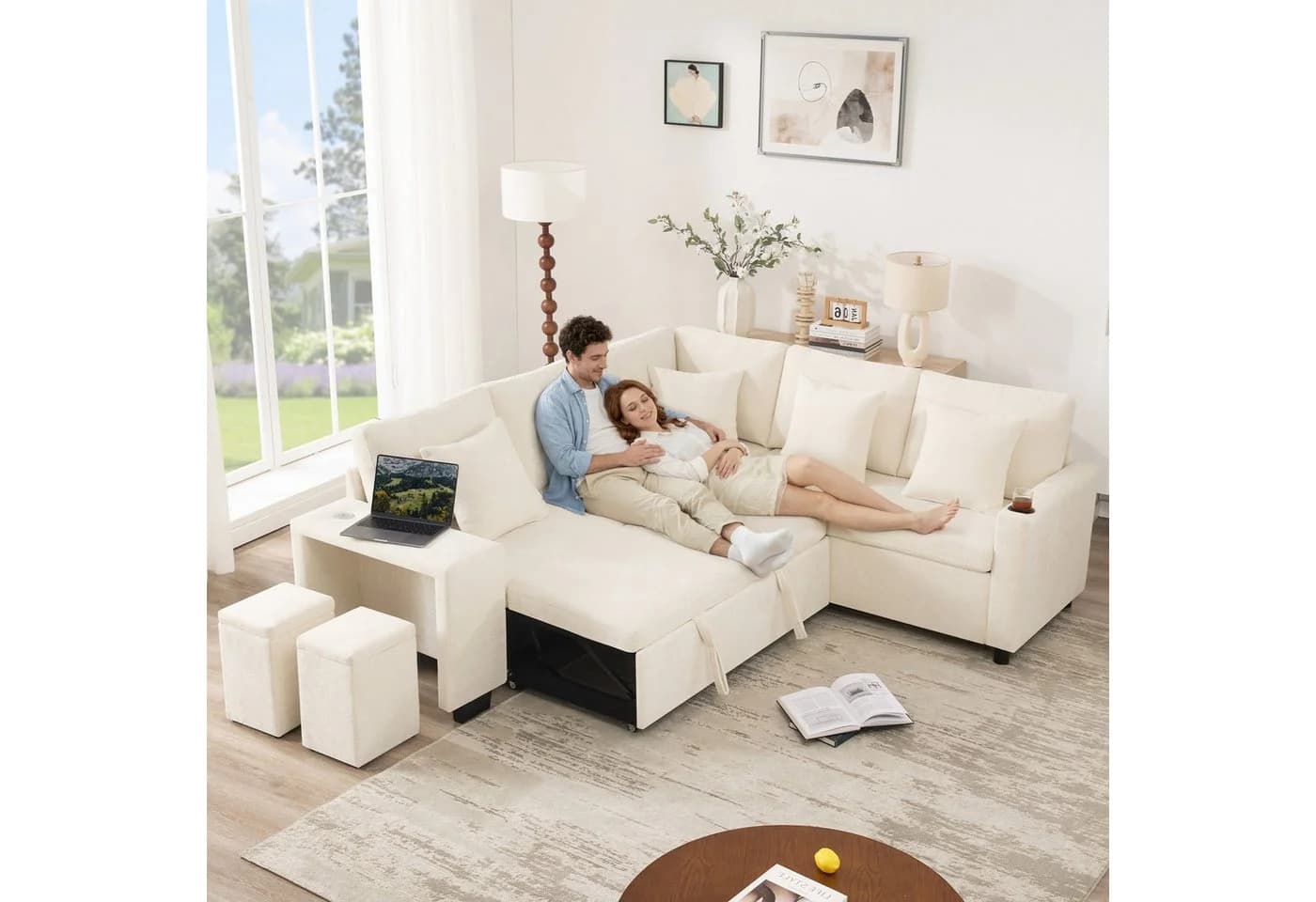 i@home Ecksofa L-förmig Beige mit Schlaffunktion & USB-Anschlüssen - Bild 2