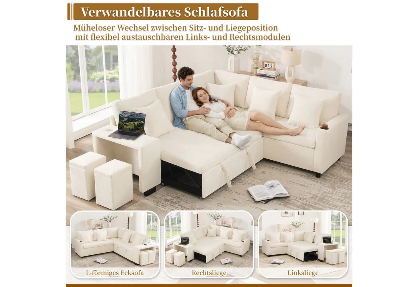 i@home Ecksofa L-förmig Beige mit Schlaffunktion & USB-Anschlüssen - Bild 3