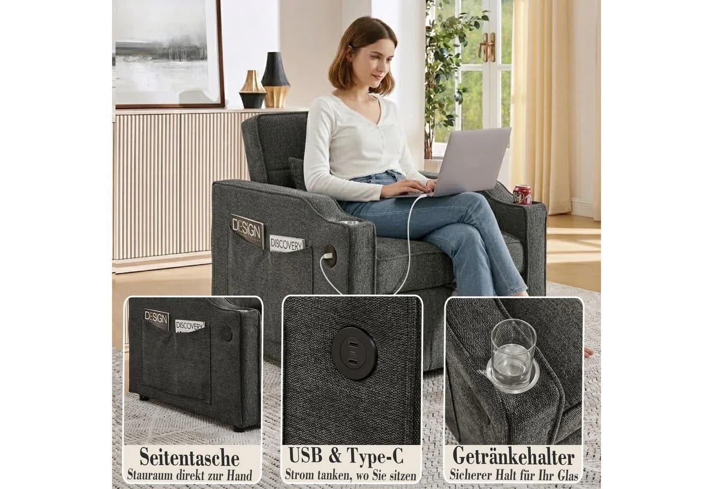 i@home Relaxsessel 1-Sitzer Schlafsofa Grau mit USB-Anschluss
