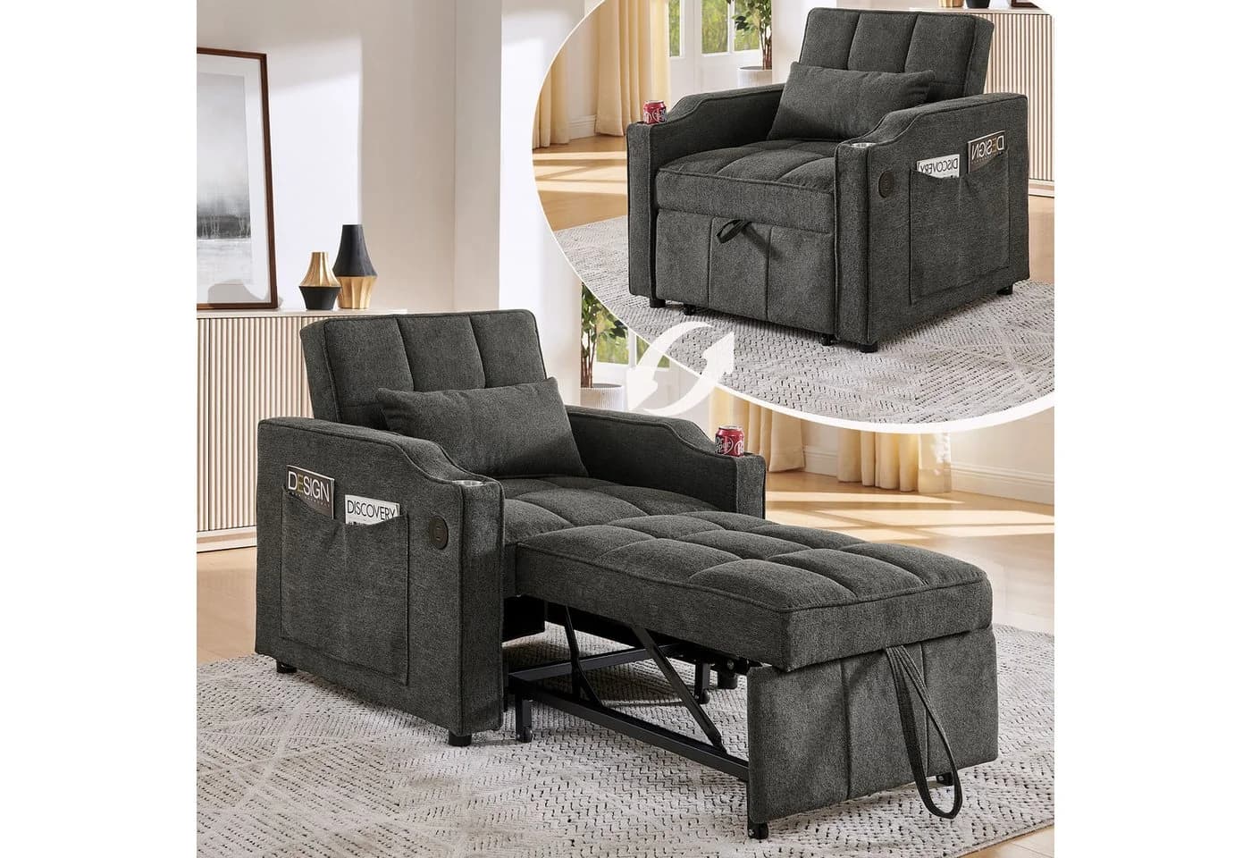 i@home Relaxsessel 1-Sitzer Schlafsofa Grau mit USB-Anschluss - Bild 2