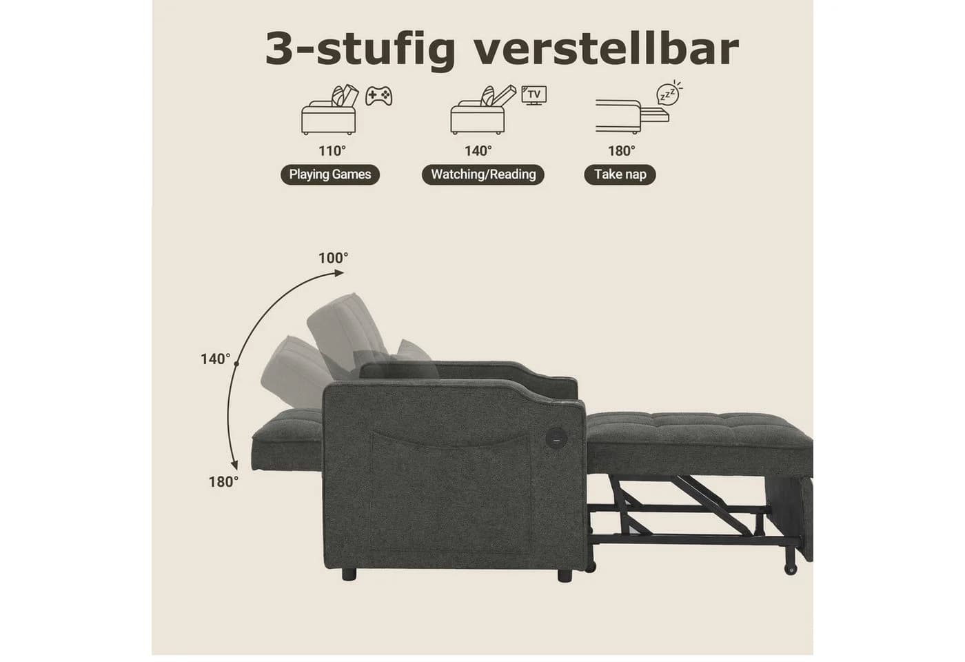 i@home Relaxsessel 1-Sitzer Schlafsofa Grau mit USB-Anschluss - Bild 5