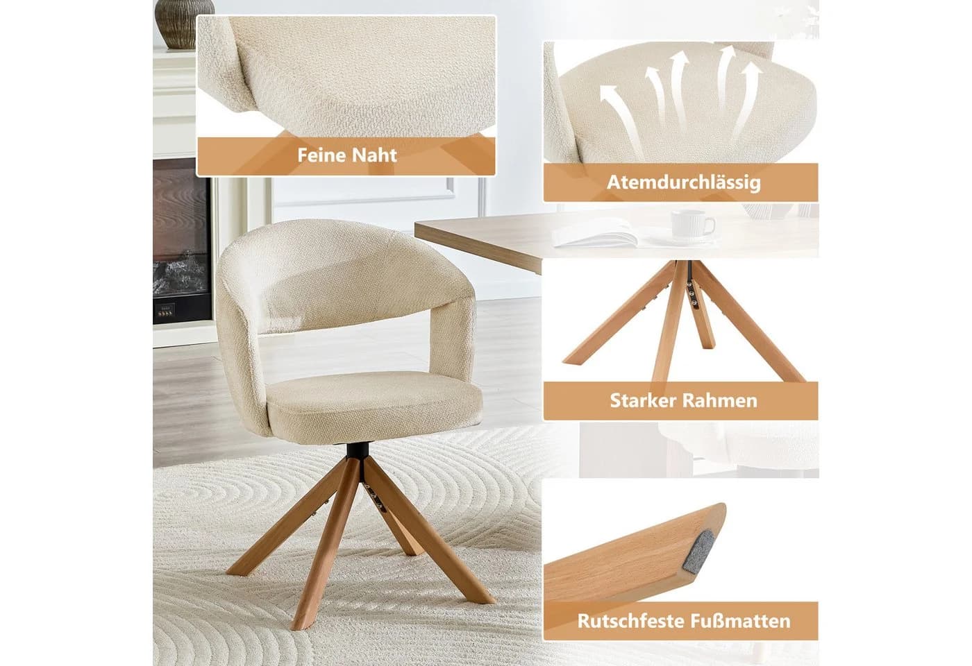 i@home Drehstuhl Esstisch 2er Set Beige Grau Massivholz - Bild 4