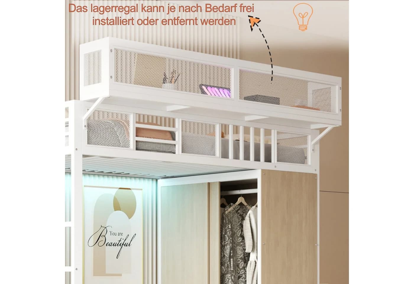 i@home Hochbett Metall-Hochbett 90x200 cm Mit Kleiderschrank, Sicherheitsleiter, LED-Beleuchtung
