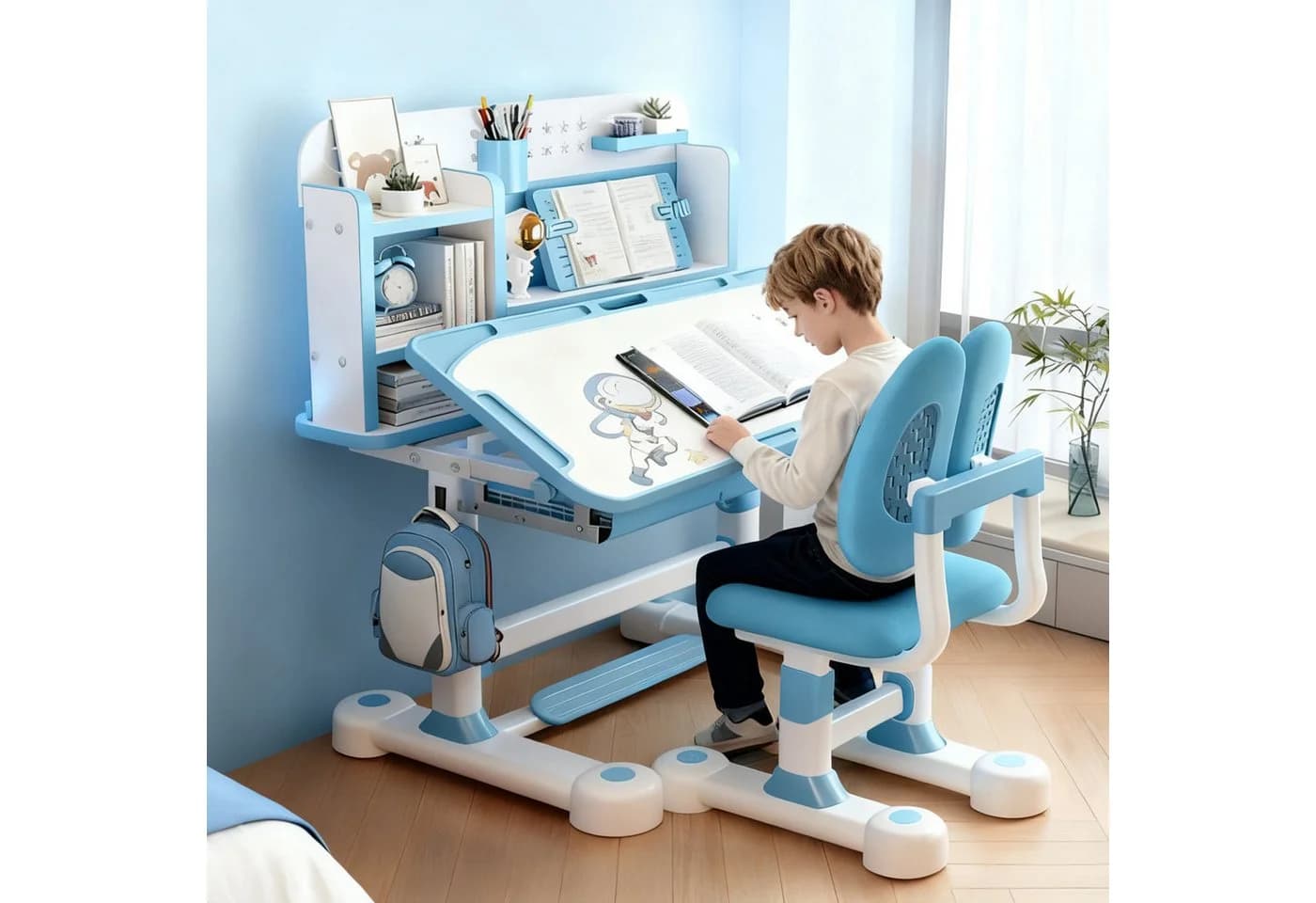 Rutaqian Kinderschreibtisch-Set Höhenverstellbar Blau Ergonomisch - Bild 2