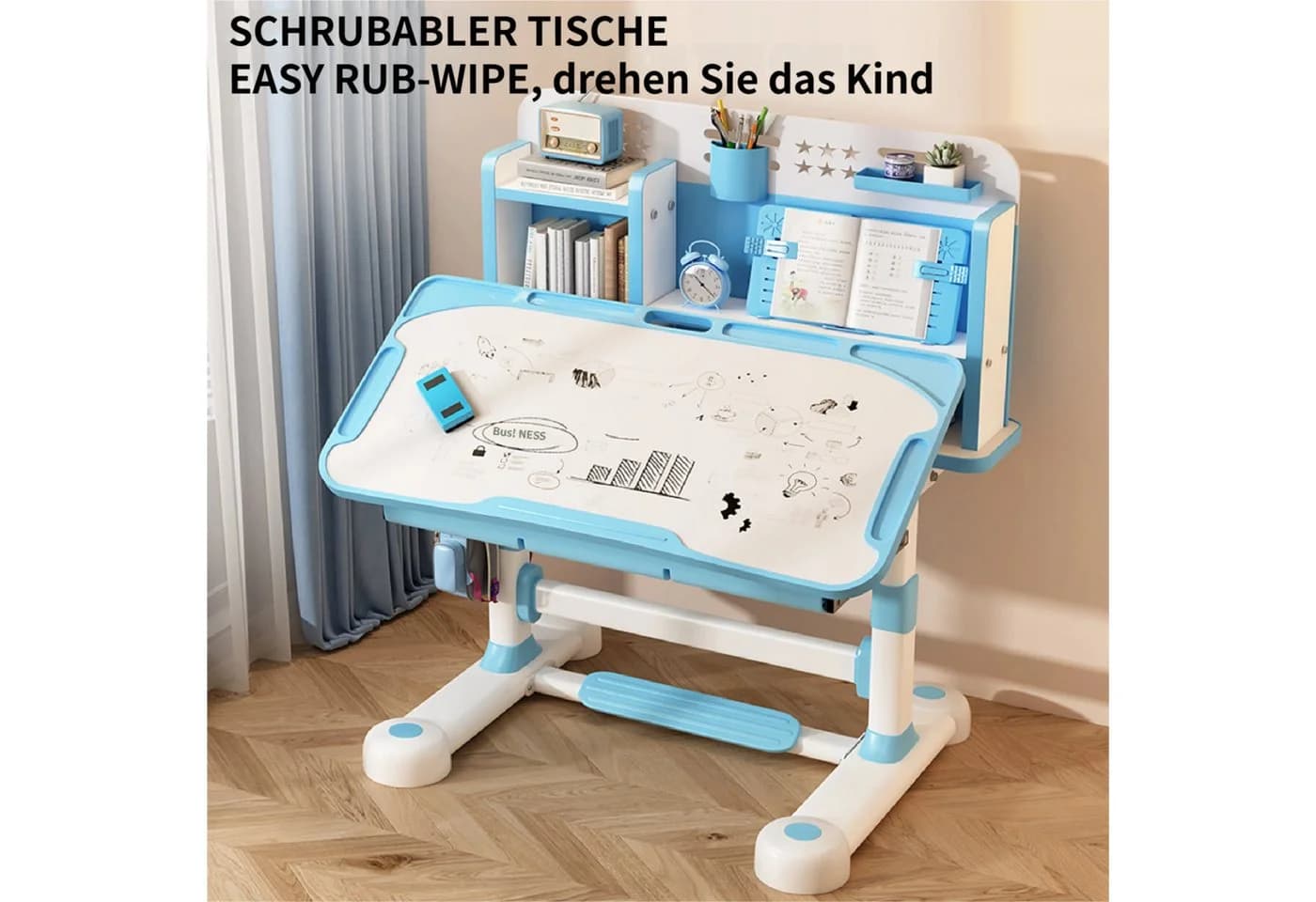Rutaqian Kinderschreibtisch-Set Höhenverstellbar Blau Ergonomisch - Bild 3