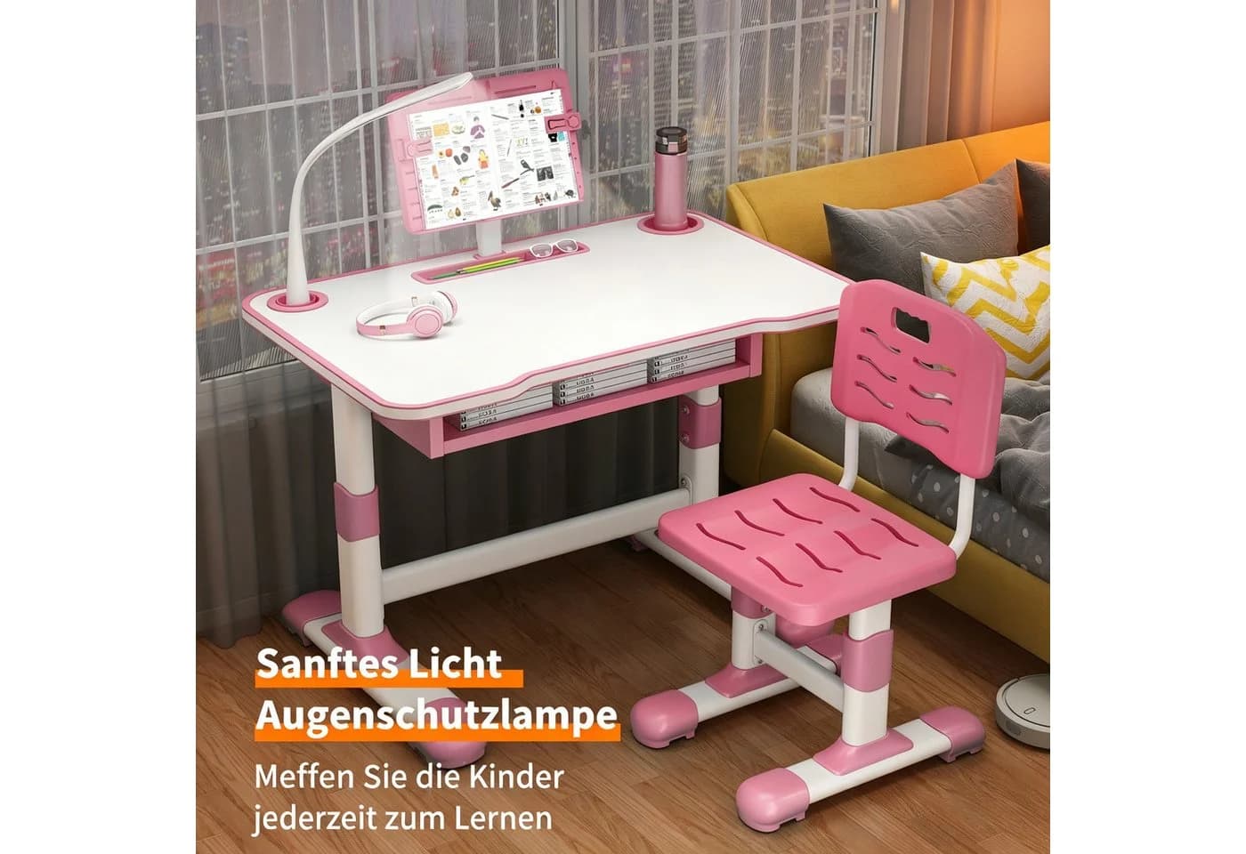Rutaqian Kinderschreibtisch höhenverstellbar mit Stuhl Rosa - Bild 3