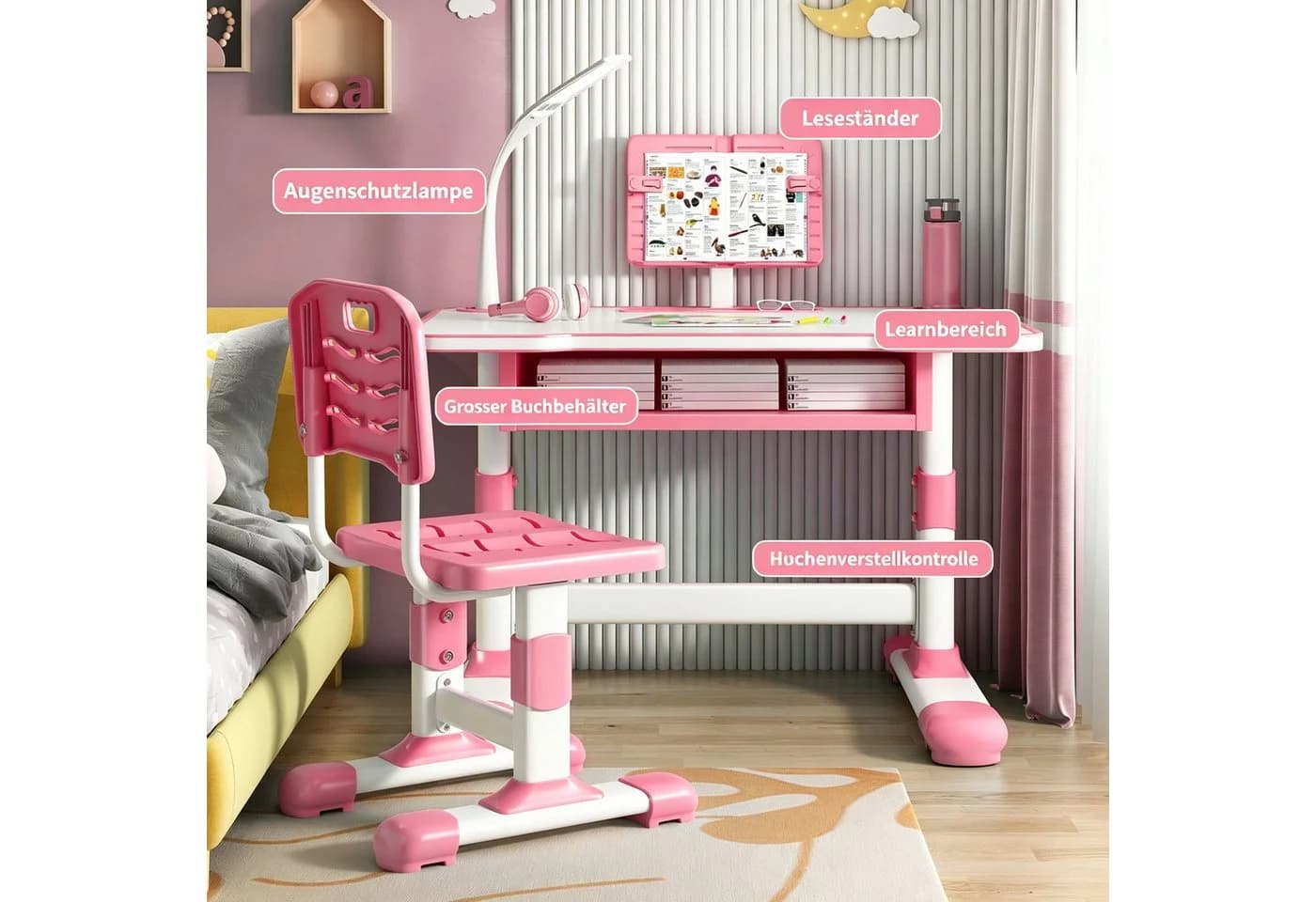 Rutaqian Kinderschreibtisch höhenverstellbar mit Stuhl Rosa - Bild 4