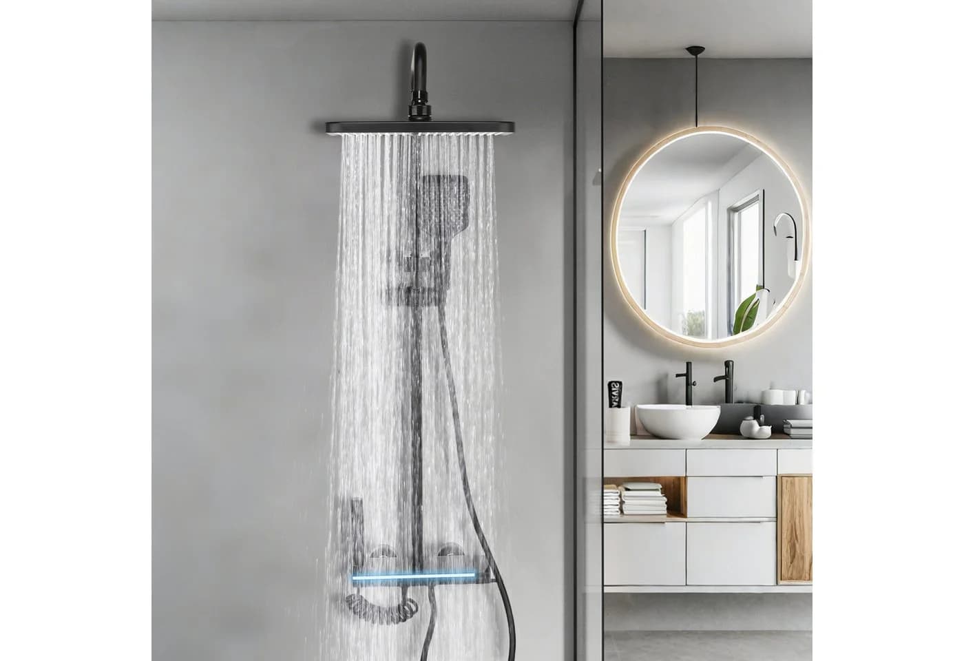 oyajia Brausegarnitur Duschsystem Warm & Kalt mit Klaviertaste, 4 Wasserausläufe, 4 Strahlarten, Digitale Temperaturanzeige, Regendusche, Handbrause & Düse - Bild 5