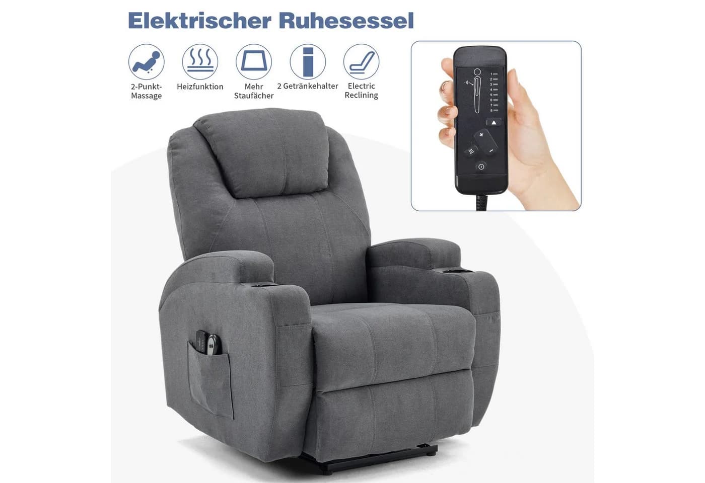 LALAHO Elektrischer Massagesessel Grau mit Liegefunktion - Bild 5