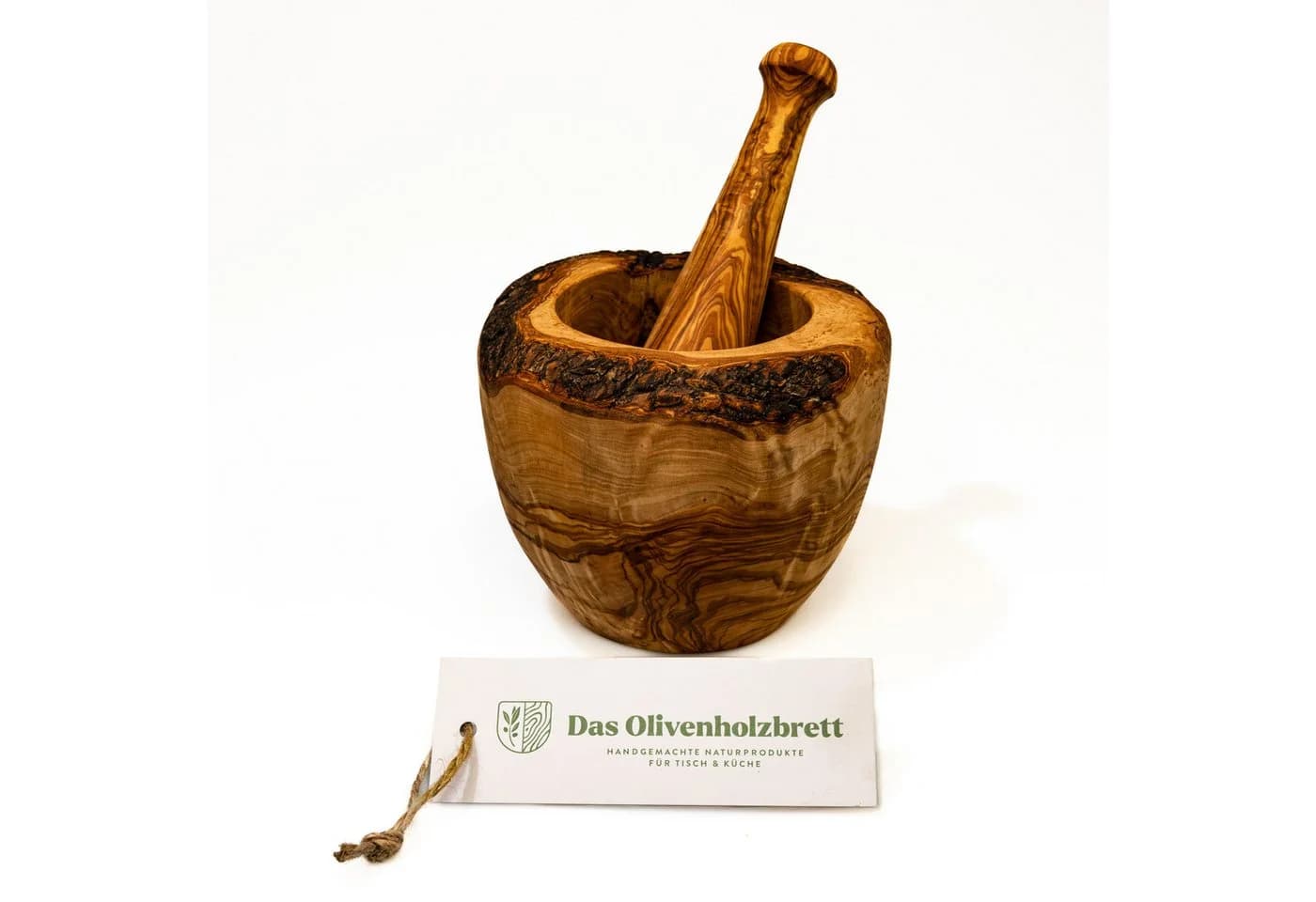 dasOlivenholzbrett Mörser und Stößel aus Olivenholz in Naturoptik