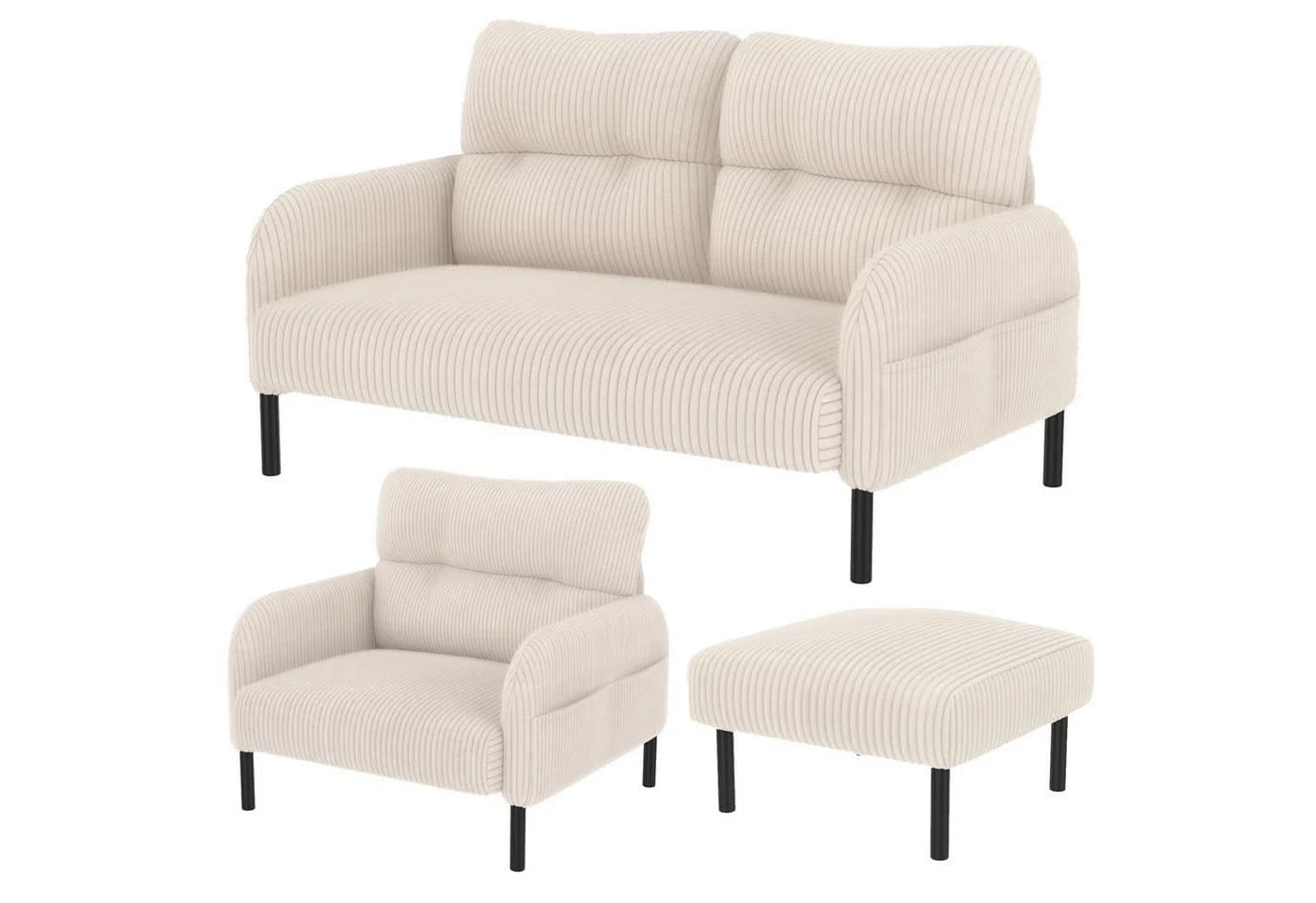 LVHOM Sofa Polstergarnitur 3-tlg. Beige Cord mit Hocker