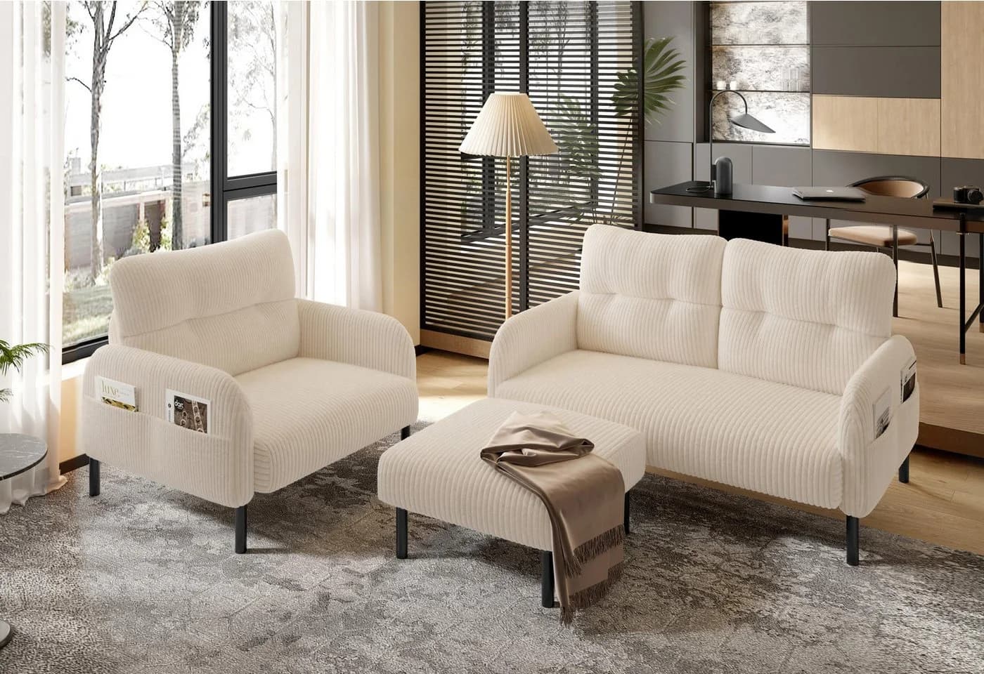 LVHOM Sofa Polstergarnitur 3-tlg. Beige Cord mit Hocker - Bild 2