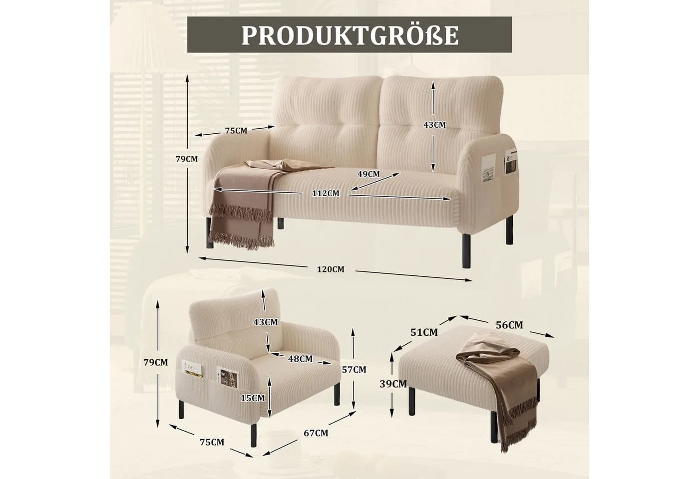 LVHOM Sofa Polstergarnitur 3-tlg. Beige Cord mit Hocker - Bild 3