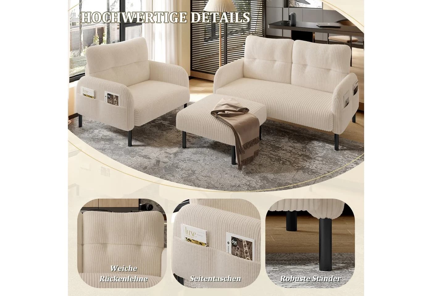 LVHOM Sofa Polstergarnitur 3-tlg. Beige Cord mit Hocker - Bild 5