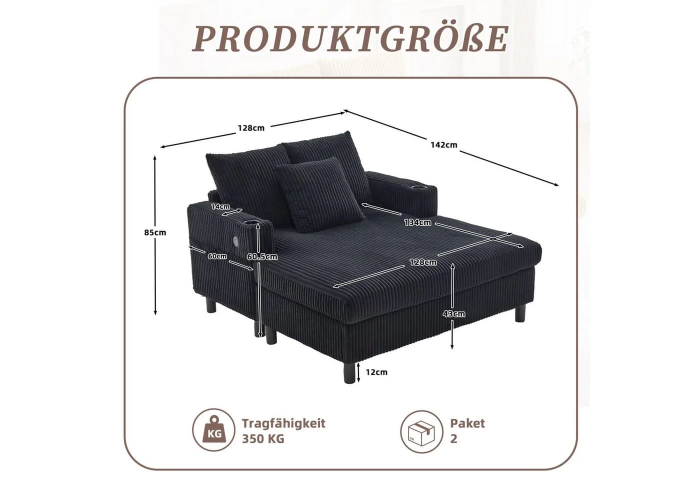 LVHOM Polsterliege XXL Relaxsessel mit LED-Licht & Ladestation Schwarz - Bild 3