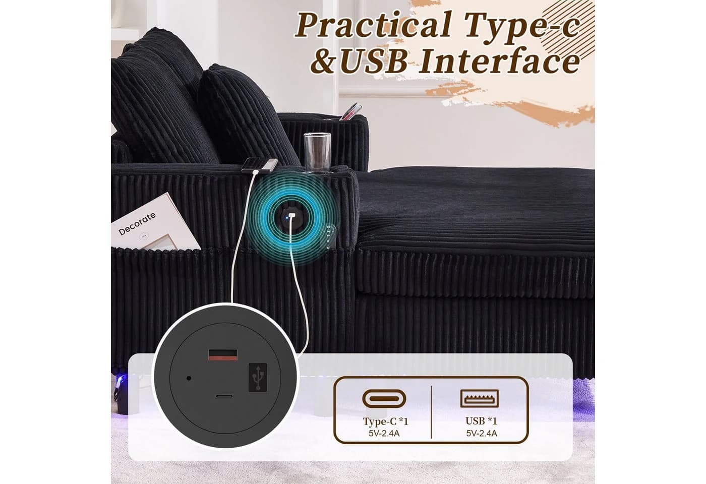 LVHOM Polsterliege XXL Relaxsessel mit LED-Licht & Ladestation Schwarz - Bild 5