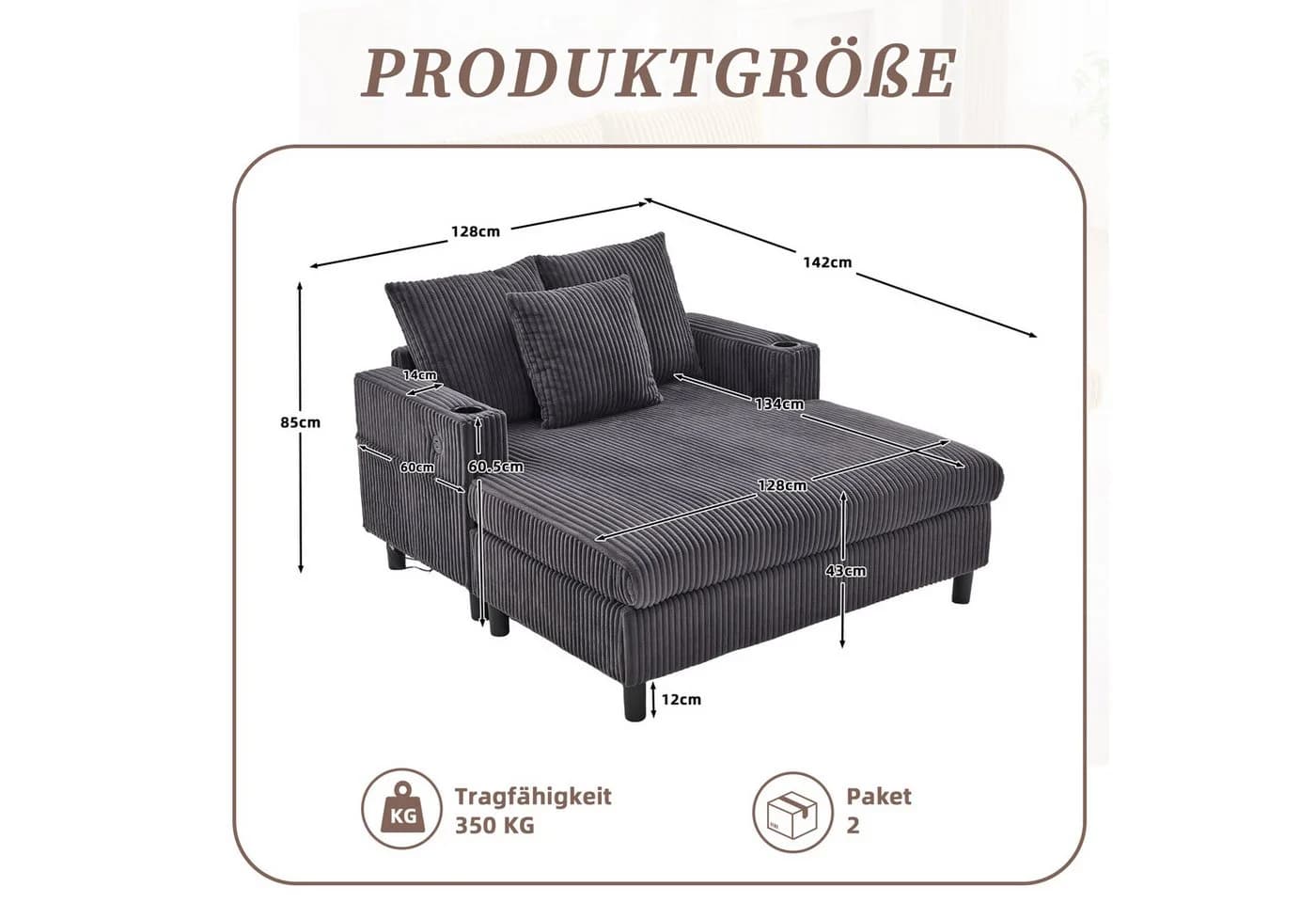 LVHOM Polsterliege XXL Relaxsessel Grau mit LED-Licht & Ladestation - Bild 3