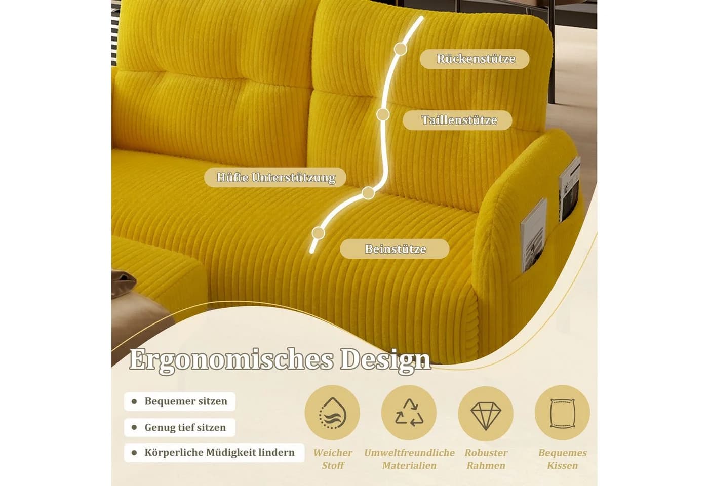 LVHOM Sofa Polstergarnitur Gelb Modular mit Seitentaschen - Bild 5