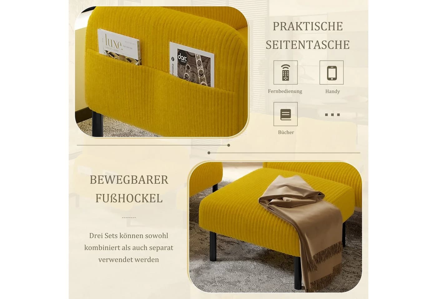 LVHOM Sofa Polstergarnitur Gelb Modular mit Hocker - Bild 4