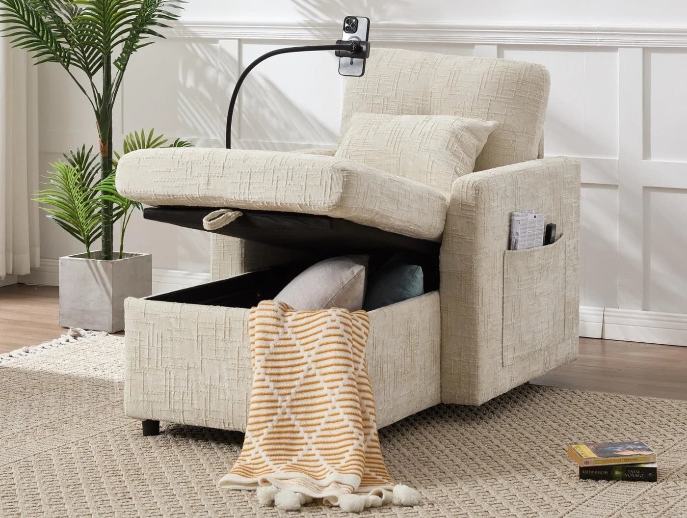 LVHOM Relaxsessel Chaiselongue Beige mit Stauraum & Handyhalter - Bild 2