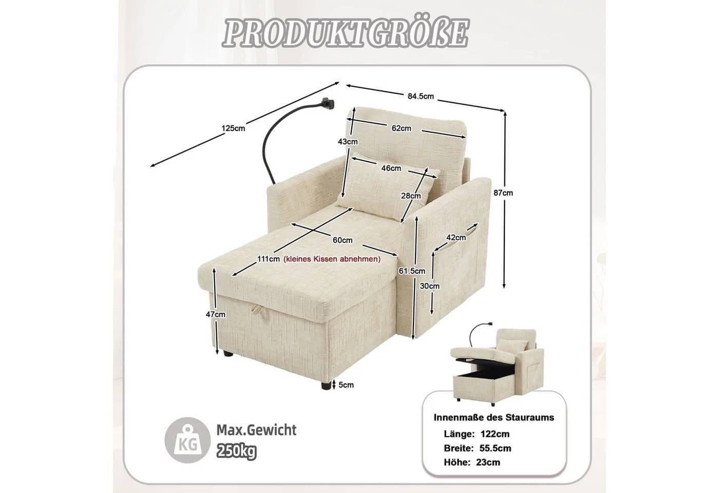 LVHOM Relaxsessel Chaiselongue Beige mit Stauraum & Handyhalter - Bild 3