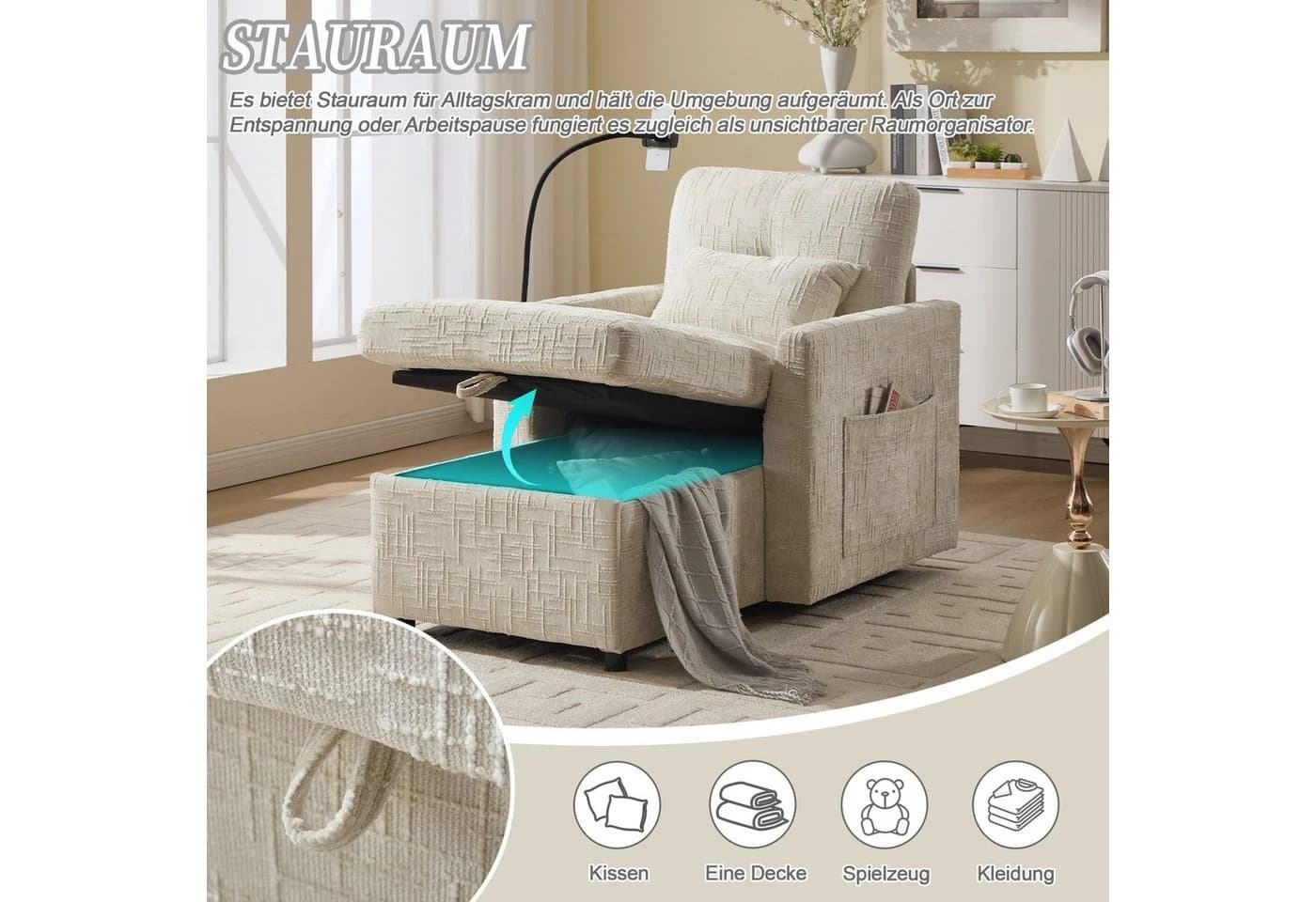 LVHOM Relaxsessel Chaiselongue Beige mit Stauraum & Handyhalter - Bild 4