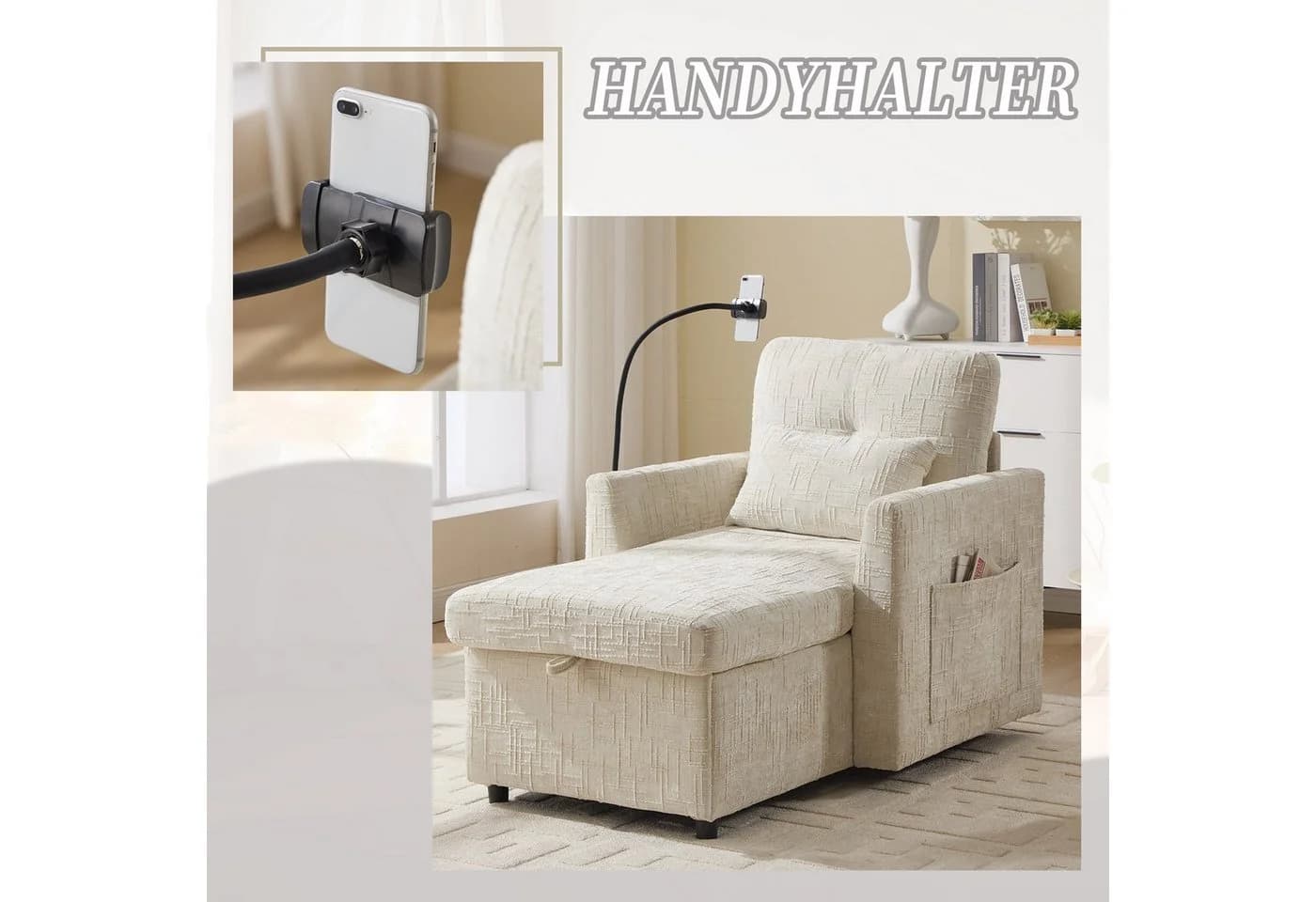LVHOM Relaxsessel Chaiselongue Beige mit Stauraum & Handyhalter - Bild 5