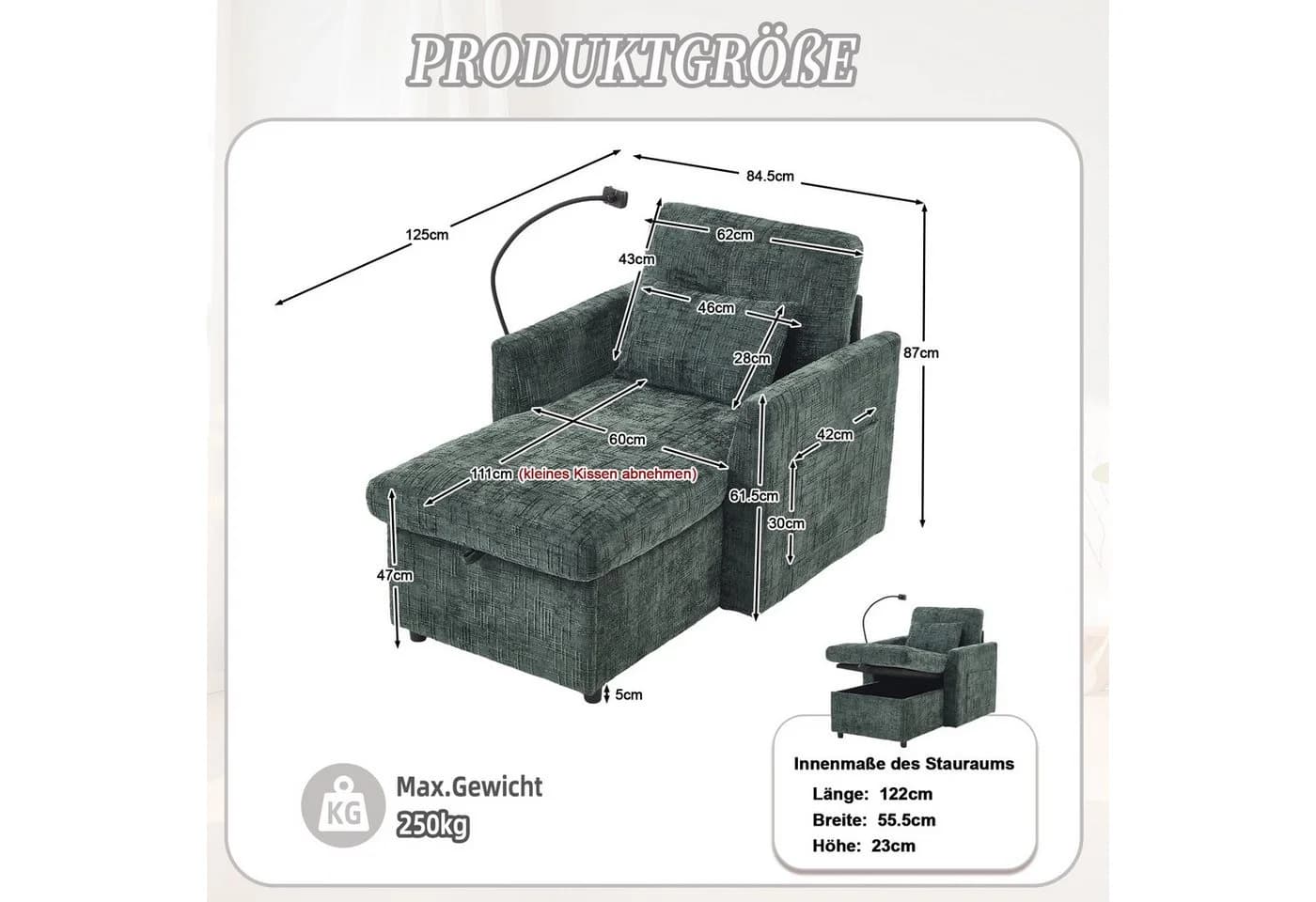 LVHOM Relaxsessel Chaiselongue mit XXL-Stauraum und Handyhalter Grün - Bild 3