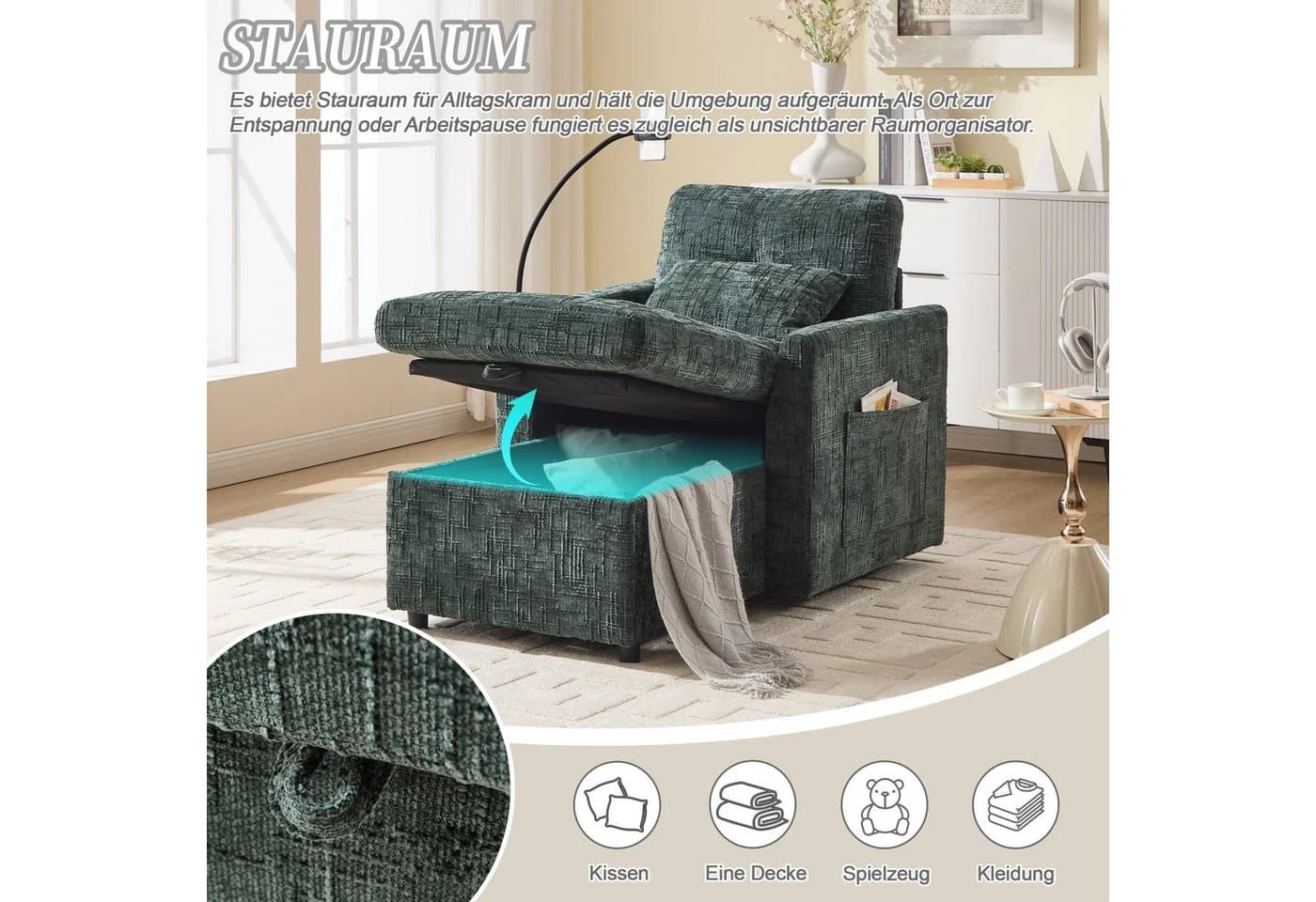 LVHOM Relaxsessel Chaiselongue mit XXL-Stauraum und Handyhalter Grün - Bild 4