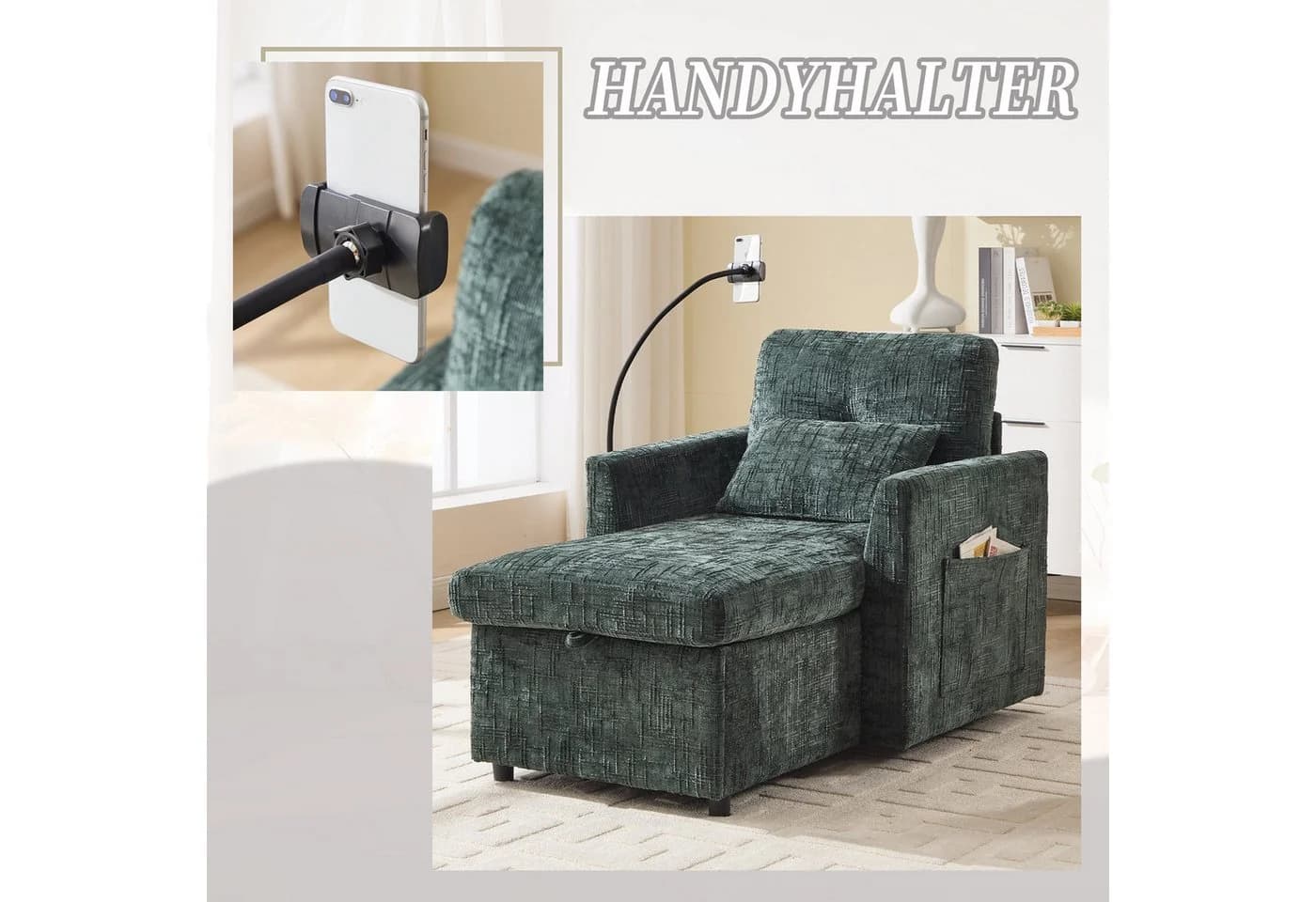 LVHOM Relaxsessel Chaiselongue mit XXL-Stauraum und Handyhalter Grün - Bild 5