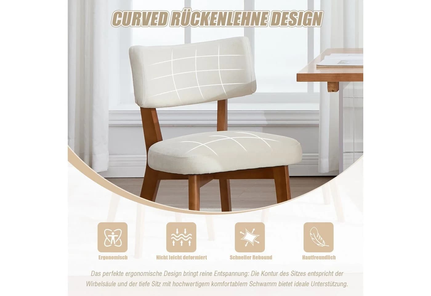 LVHOM Esszimmerstuhl 2er-Set Massivholz Eiche Beige Sackleinen - Bild 4