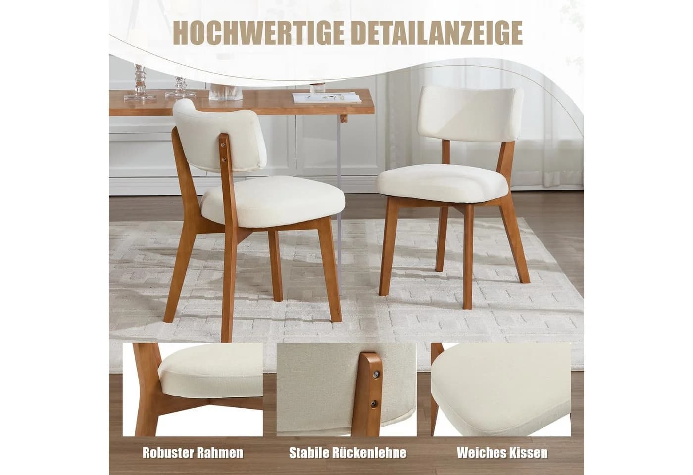 LVHOM Esszimmerstuhl 2er-Set Massivholz Eiche Beige Sackleinen - Bild 5