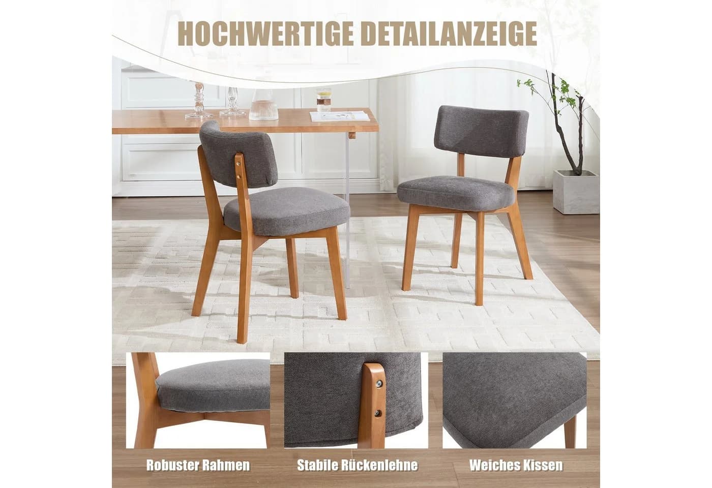LVHOM Esszimmerstuhl Massivholz Leinenstoff 2er-Set Mid-Century - Bild 5