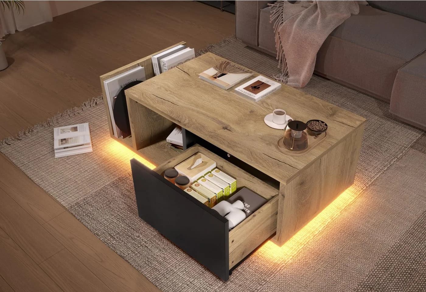 LVHOM Couchtisch Retro Sideboard mit LED & Cleverem Stauraum Holz-Metall-Design - Bild 2