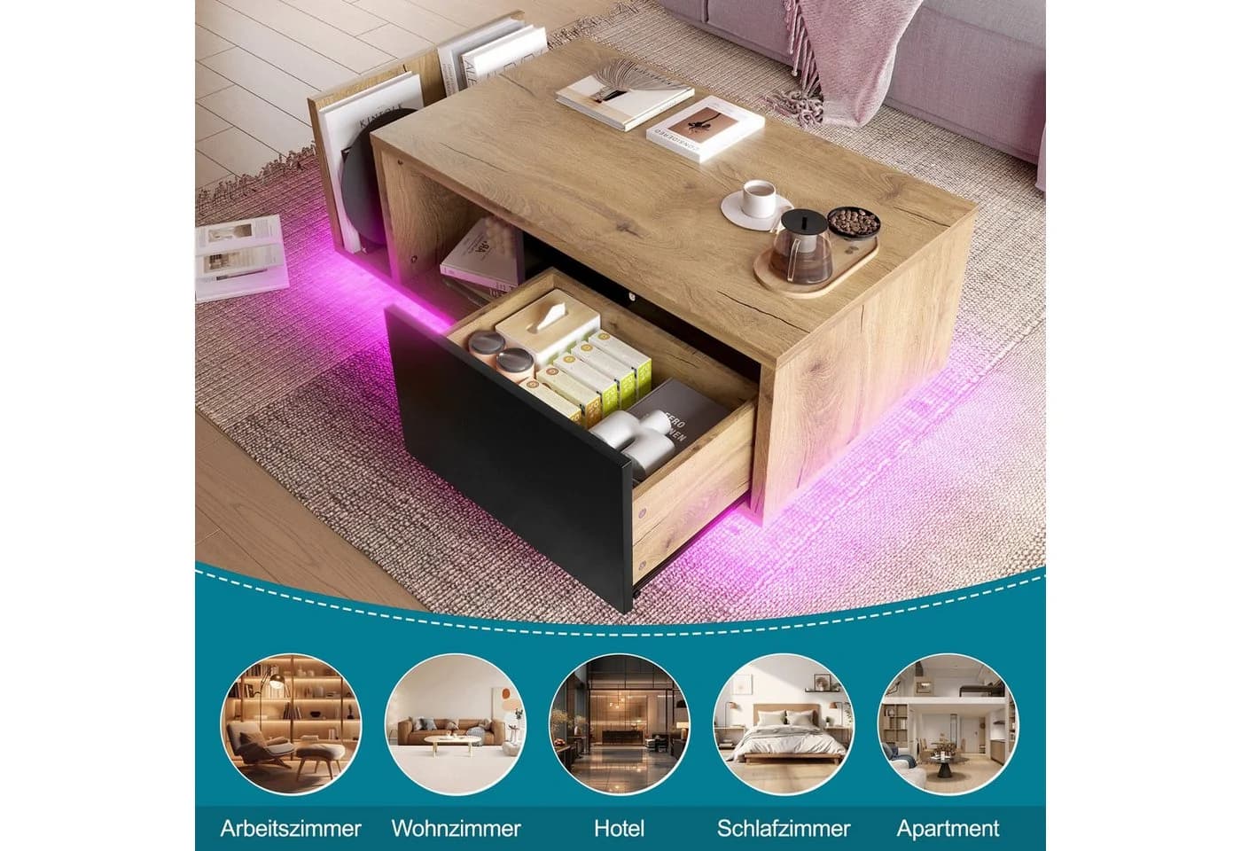 LVHOM Couchtisch Retro Sideboard mit LED & Cleverem Stauraum Holz-Metall-Design - Bild 3
