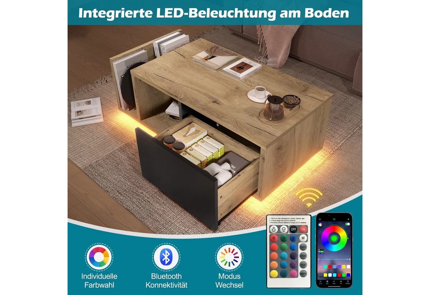 LVHOM Couchtisch Retro Sideboard mit LED & Cleverem Stauraum Holz-Metall-Design - Bild 4