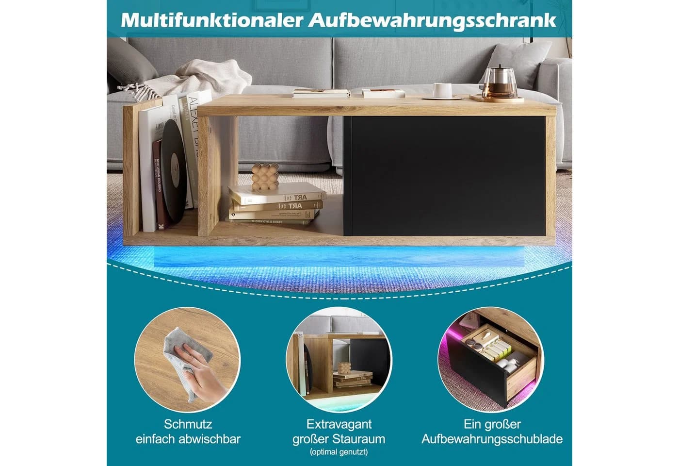 LVHOM Couchtisch Retro Sideboard mit LED & Cleverem Stauraum Holz-Metall-Design - Bild 5