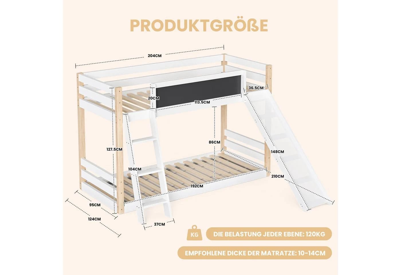 LVHOM Hochbett Massivholz 2 Betten 90x200cm mit Rutsche - Bild 3