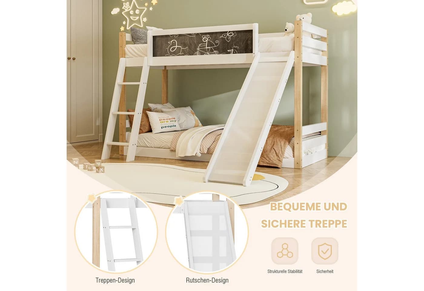 LVHOM Hochbett Massivholz 2 Betten 90x200cm mit Rutsche - Bild 4