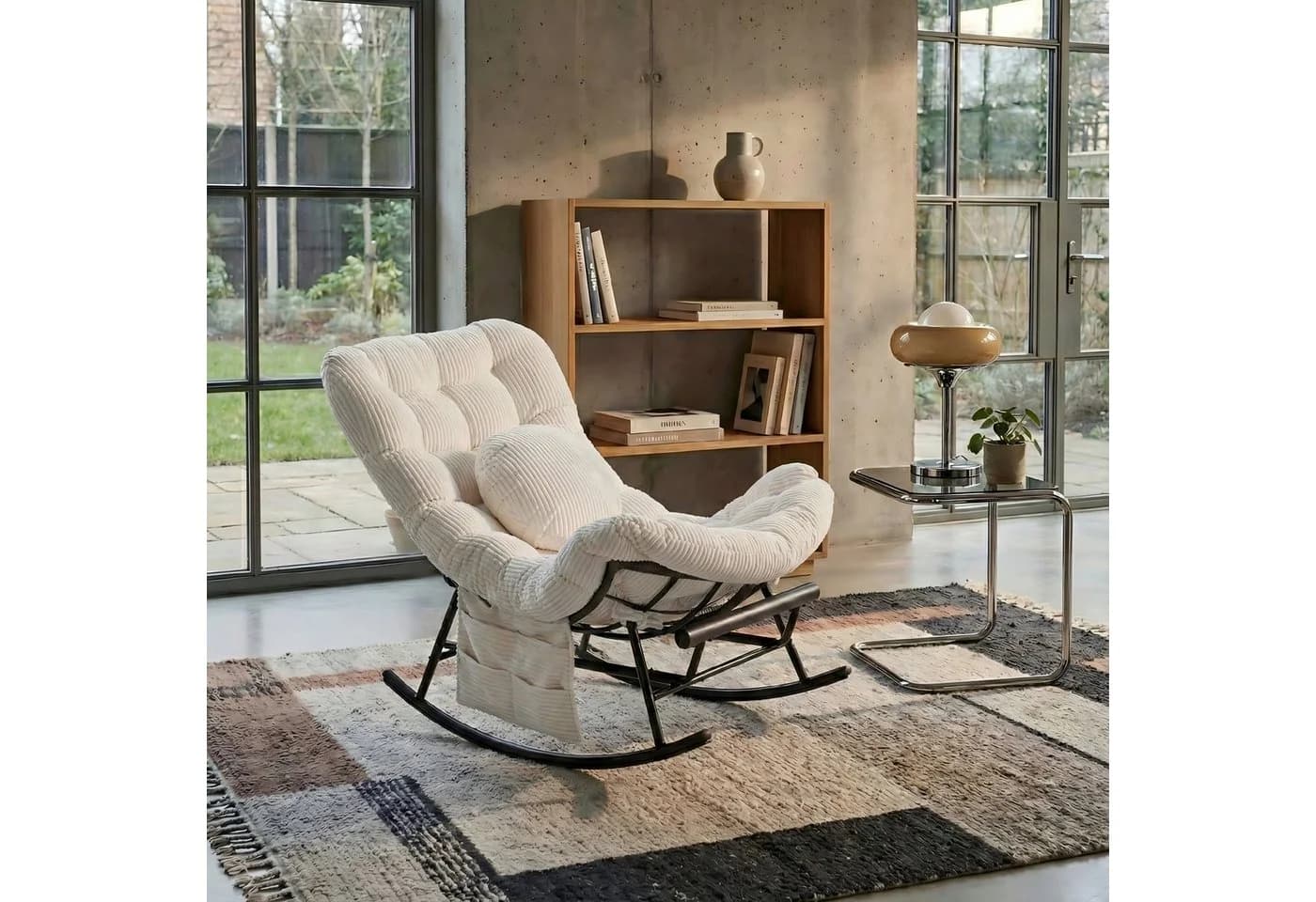 LVHOM Schaukelstuhl mit ausziehbarer Fußstütze, gepolstertem Kissen, Metallgestell, ergonomisches Design