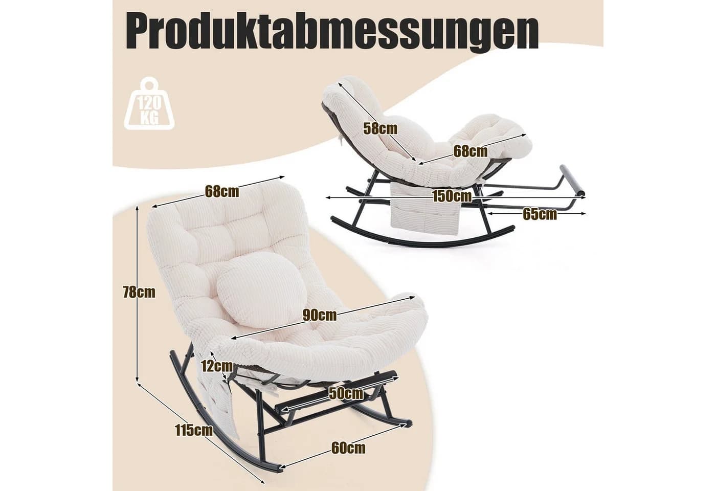 LVHOM Schaukelstuhl mit ausziehbarer Fußstütze, gepolstertem Kissen, Metallgestell, ergonomisches Design - Bild 3